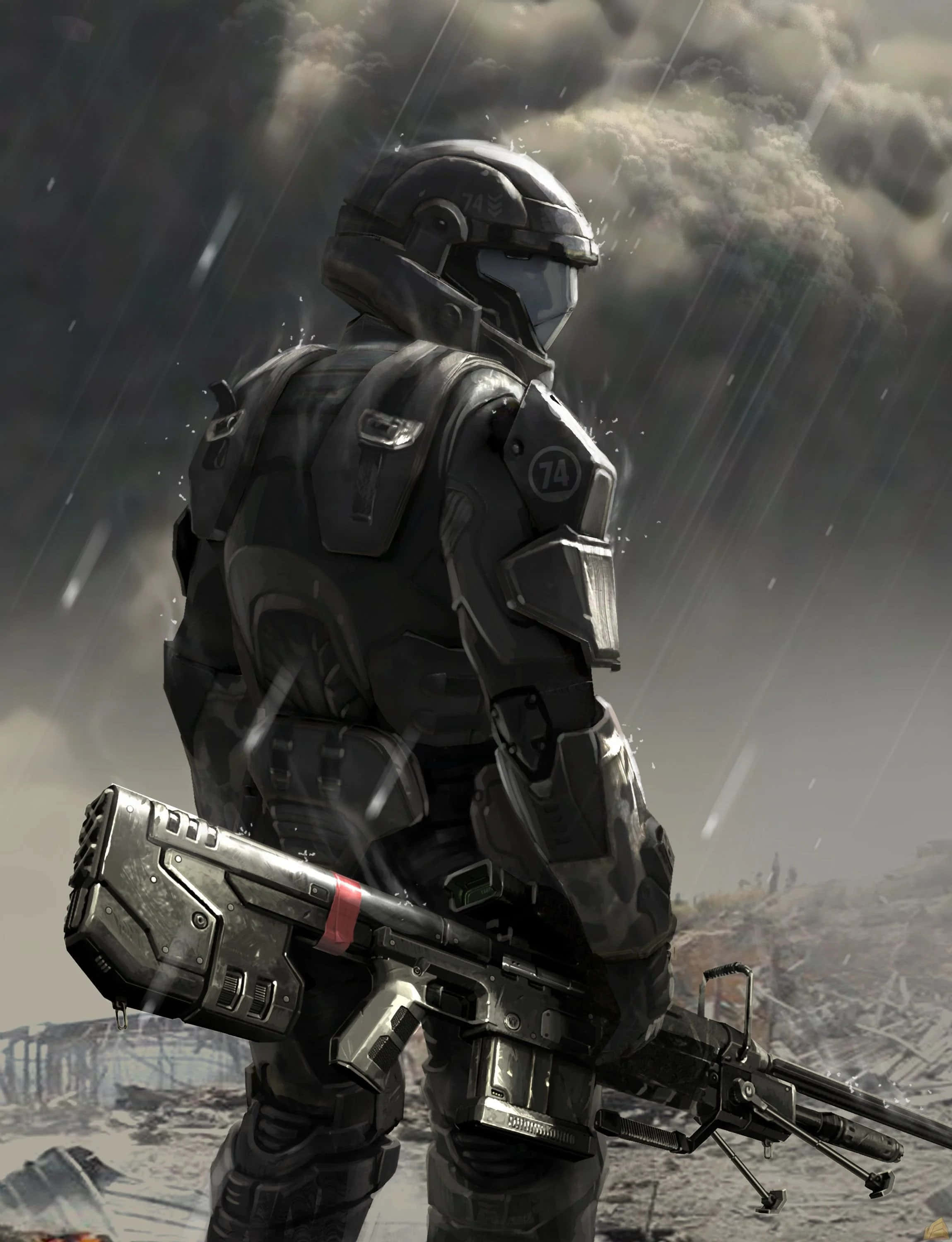 halo 桌布 壁紙 — 一名身穿黑色盔甲的士兵在風暴天空下的廢墟戰場上站在雨中。