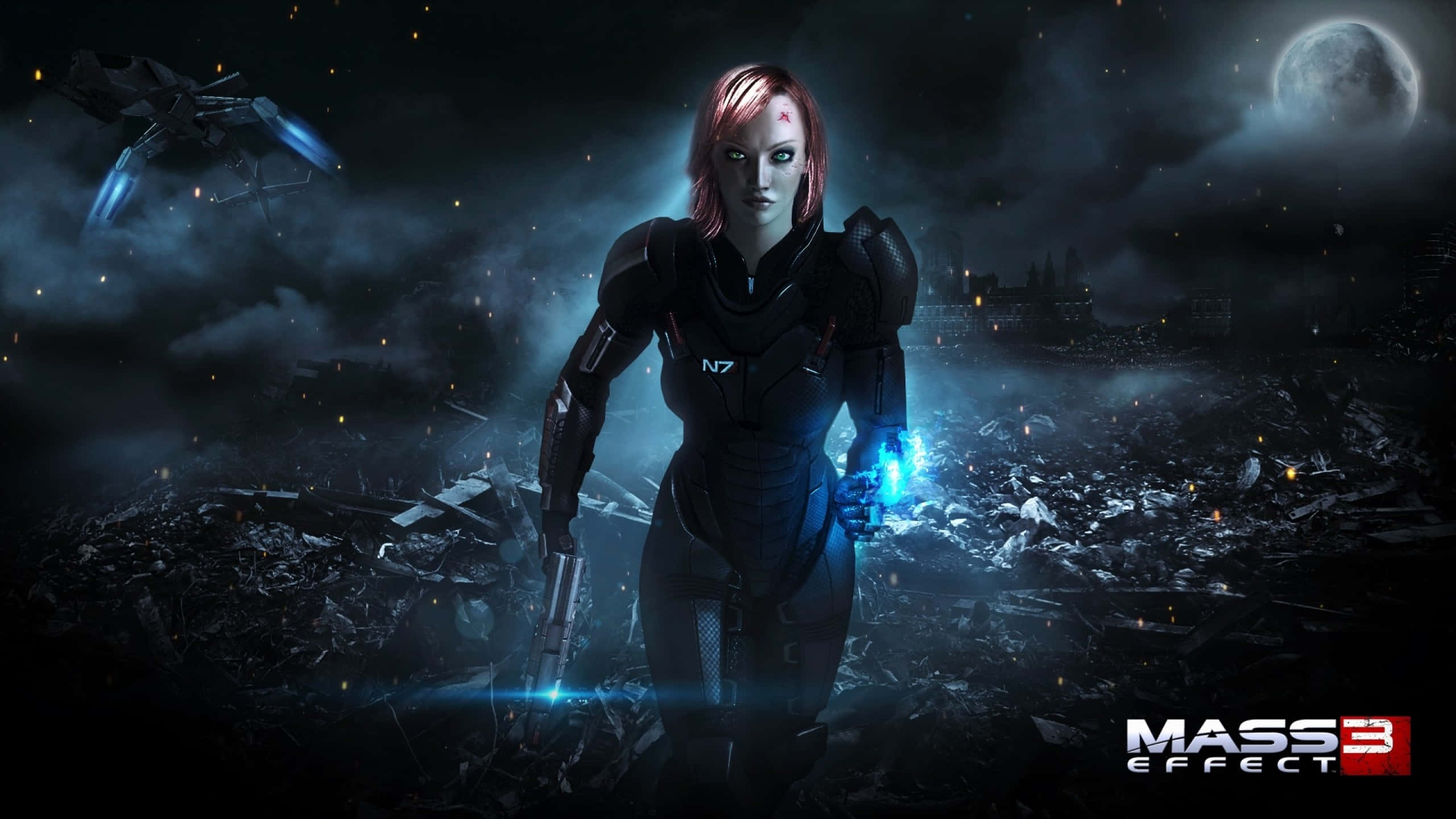 Mass Effect Femshep 桌布 壁紙 — 一名身穿黑色盔甲的女兵站在月光下的瓦礫中，一艘太空船在上空盤旋。