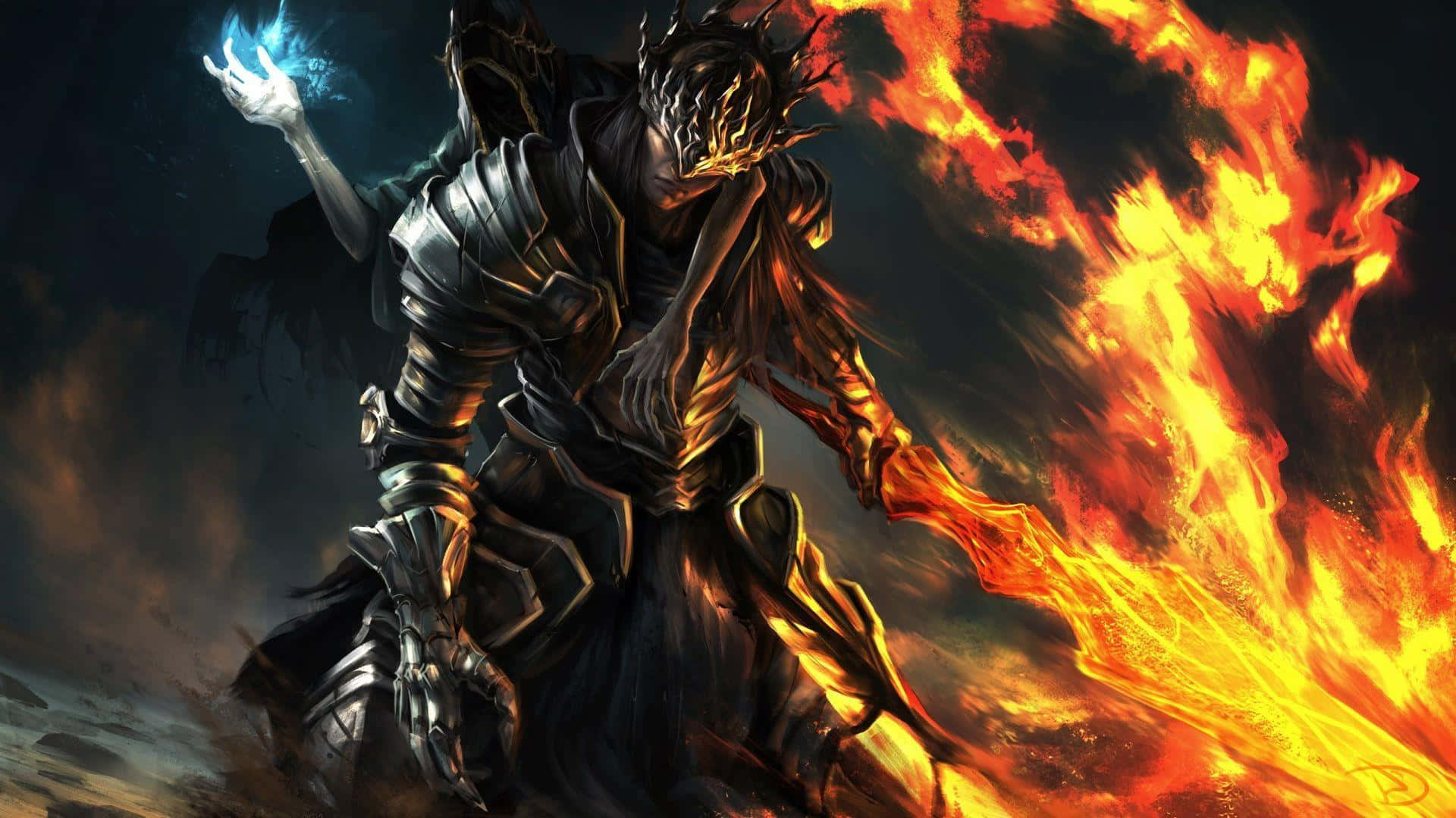 Nameless King 桌布 壁紙 — 一名身穿黑色盔甲的戰士在暴風雨背景下揮舞著火焰劍和發光的藍色球體。