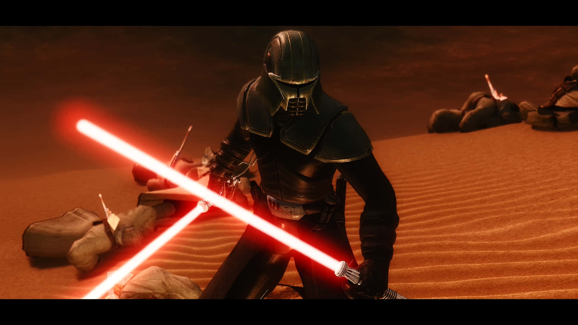 Lightsaber Duels 桌布 壁紙 — 一名身穿黑色盔甲的戰士在沙漠戰場上揮舞著發光的紅色光劍，周圍是倒下的敵人。