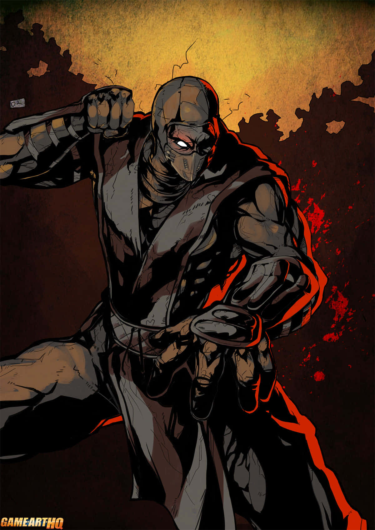 Mortal Kombat Noob Saibot 桌布 壁紙 — 一名身穿黑色盔甲的蒙面忍者戰士，在熾熱的橙色和黑色背景前，以發光的紅色眼睛向前猛衝。