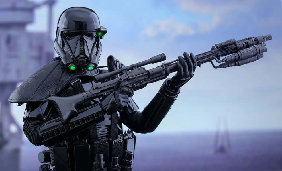 Blaster Rifles 桌布 壁紙 — 一名身穿黑色盔甲的風暴兵正用爆能步槍瞄準一片朦朧的藍天，遠處有建築物。
