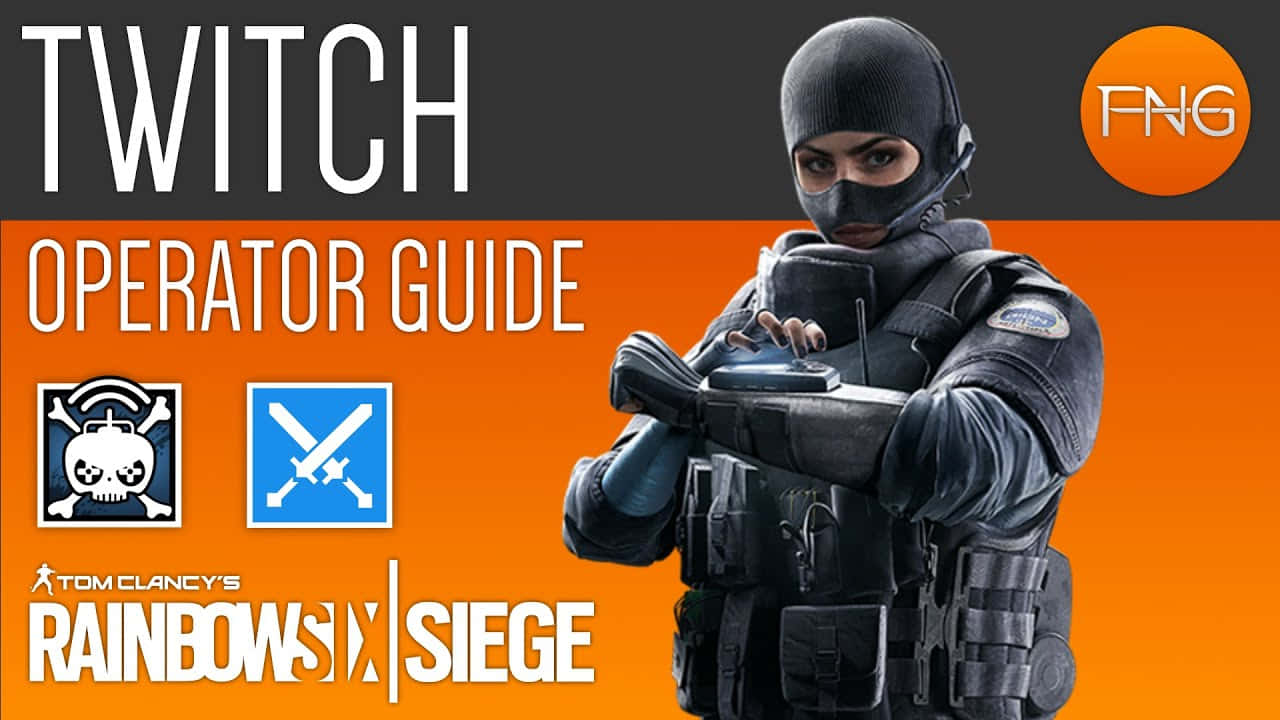 Rainbow Six Siege Twitch 桌布 壁紙 — 一名身穿黑色裝備的戰術幹員，在鮮明的橙色和灰色背景前手持武器，並帶有遊戲品牌標誌。