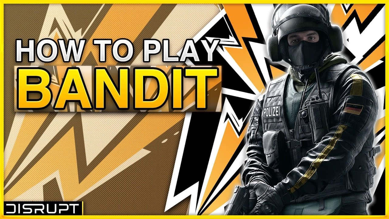 Rainbow Six Siege Bandit 桌布 壁紙 — 一名身穿黑色裝備的戰術警察，在帶有 'HOW TO PLAY BANDIT' 文字的醒目黃、黑、白圖形背景前手持武器。