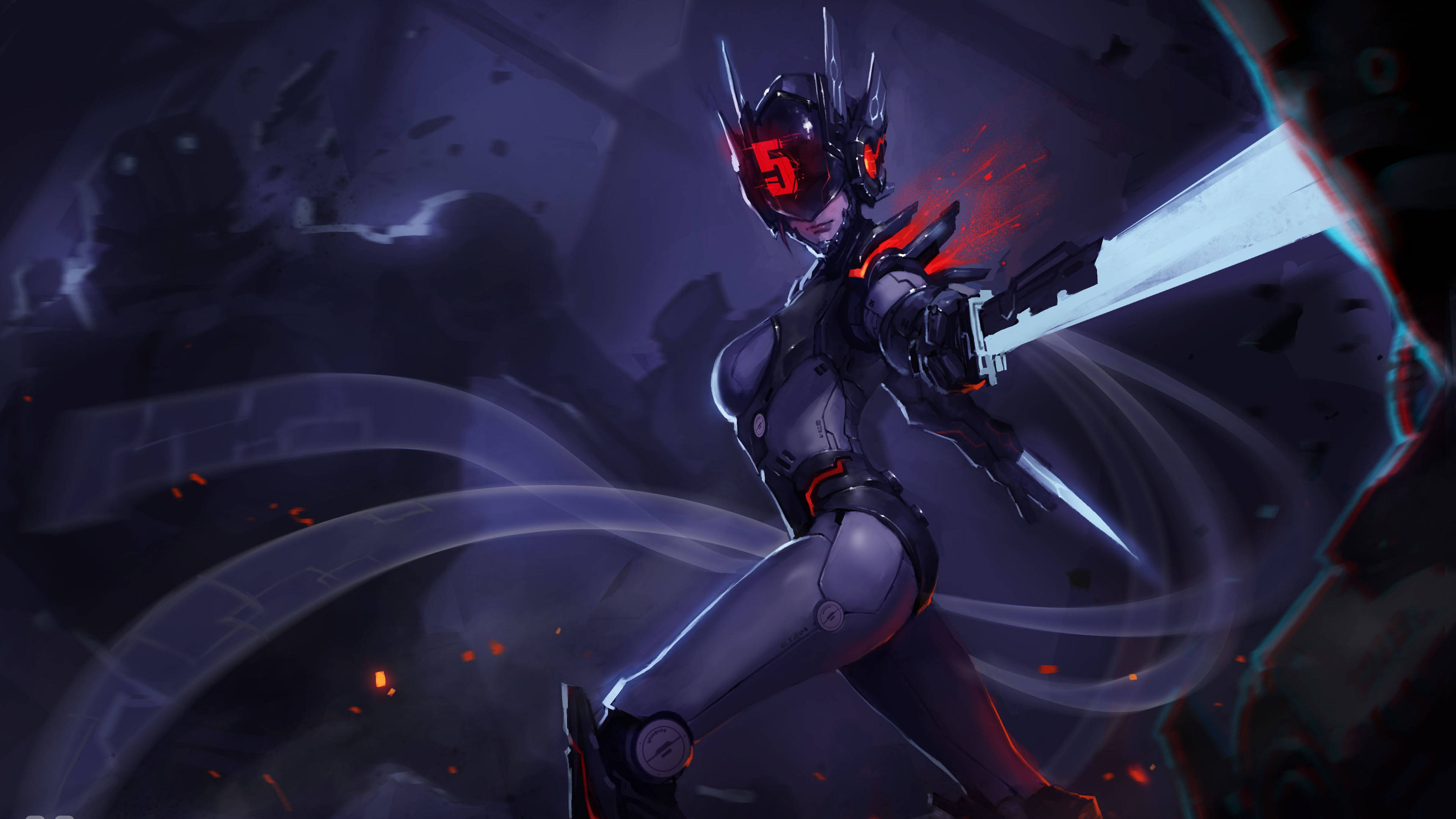 4K LOL PROJECT: Fiora 壁紙 — 一名身穿黑色裝甲的網絡戰士在破碎的碎片和漂浮的能量軌跡中揮舞著發光的劍。