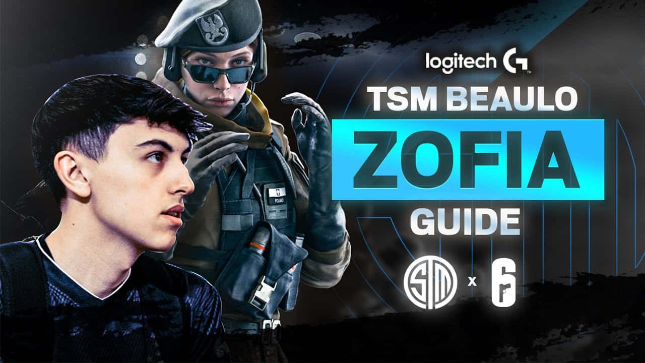 Rainbow Six Siege Ash 桌布 壁紙 — 一名遊戲玩家和一名身穿戰術裝備的士兵角色，在黑暗的數位背景前，站在發光的藍色文字「ZOFIA GUIDE」旁邊擺姿勢。