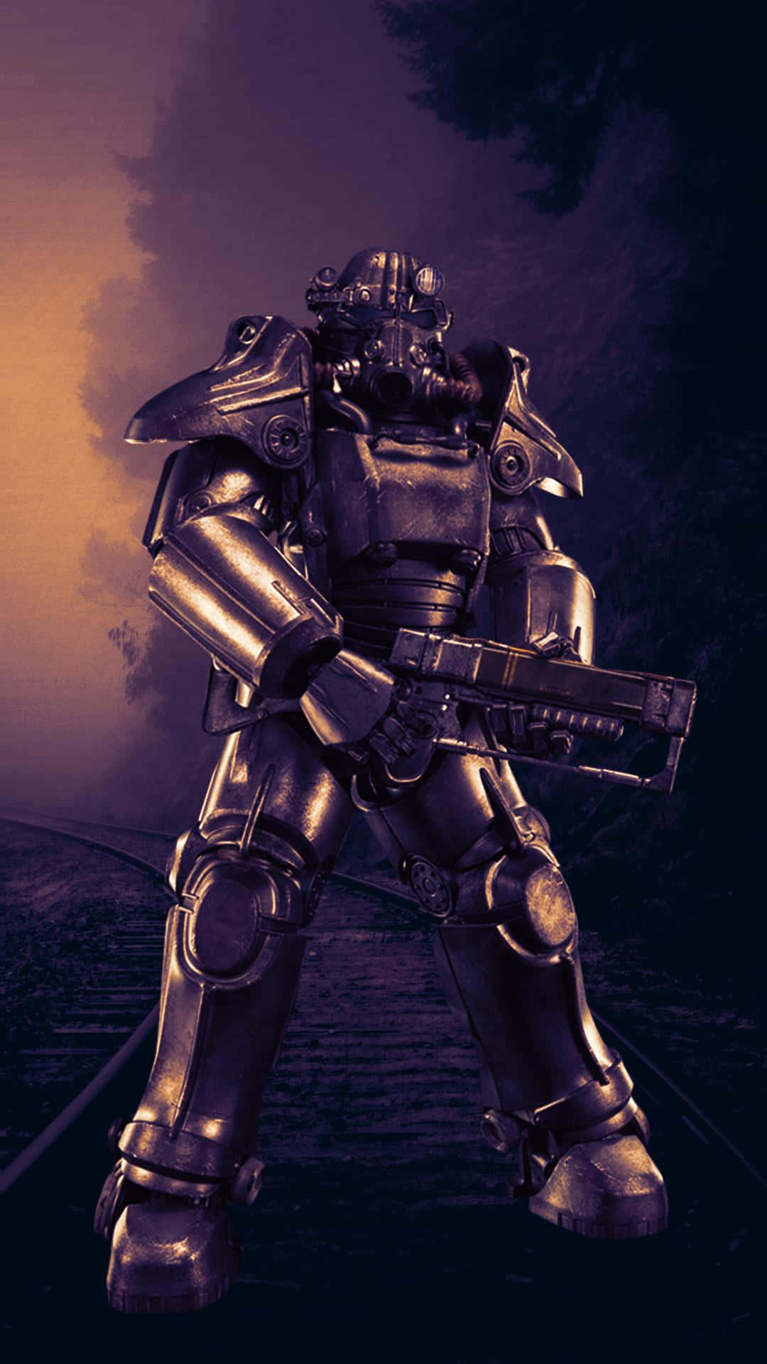 Fallout 4 Power Armor 桌布 壁紙 — 一名重裝動力裝甲士兵在紫色和橙色調的暮色天空下持武器蓄勢待發。