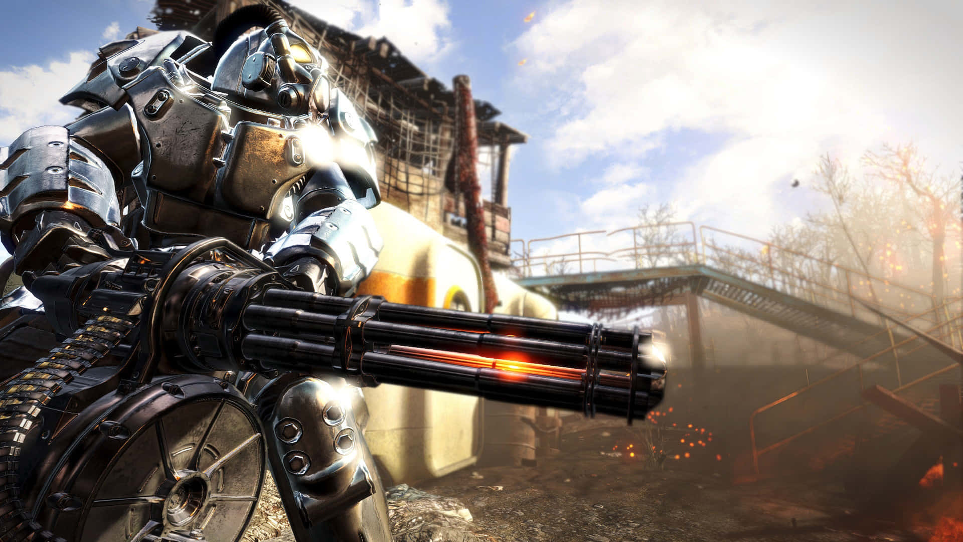 Fallout 4 Power Armor 桌布 壁紙 — 一名重裝士兵在陽光普照、戰火摧殘的城市廢墟中，伴隨著煙霧和碎片，發射迷你砲。