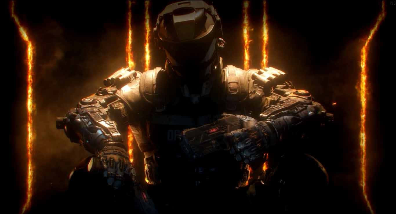 Black Ops 桌布 壁紙 — 一名重裝士兵站在陰影中，火焰般的垂直光束在黑暗背景下照亮他的剪影。