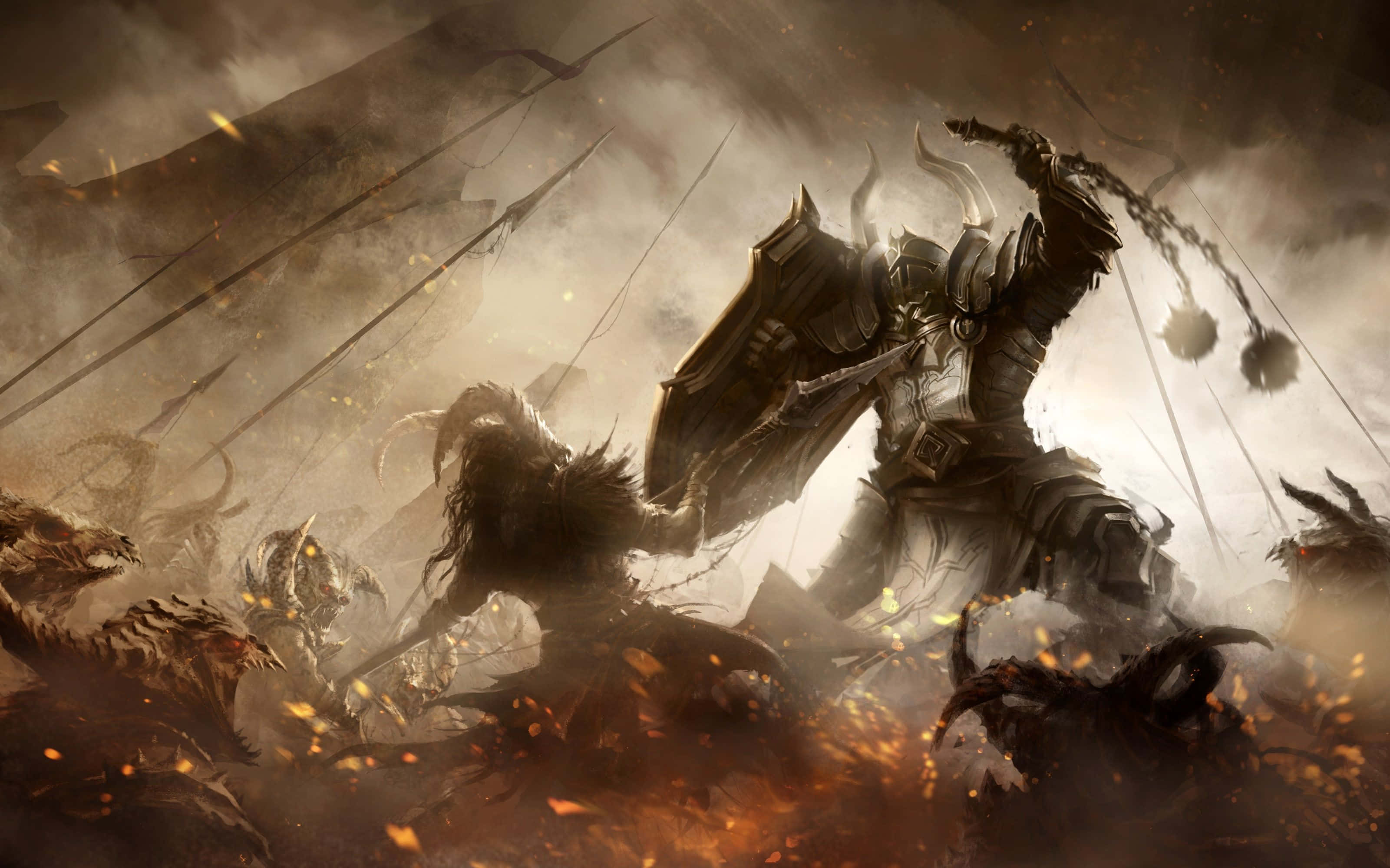 Crusader 桌布 壁紙 — 一名重裝甲騎士在充滿煙霧和熾熱火花的混亂戰場上揮舞著帶刺的狼牙棒。