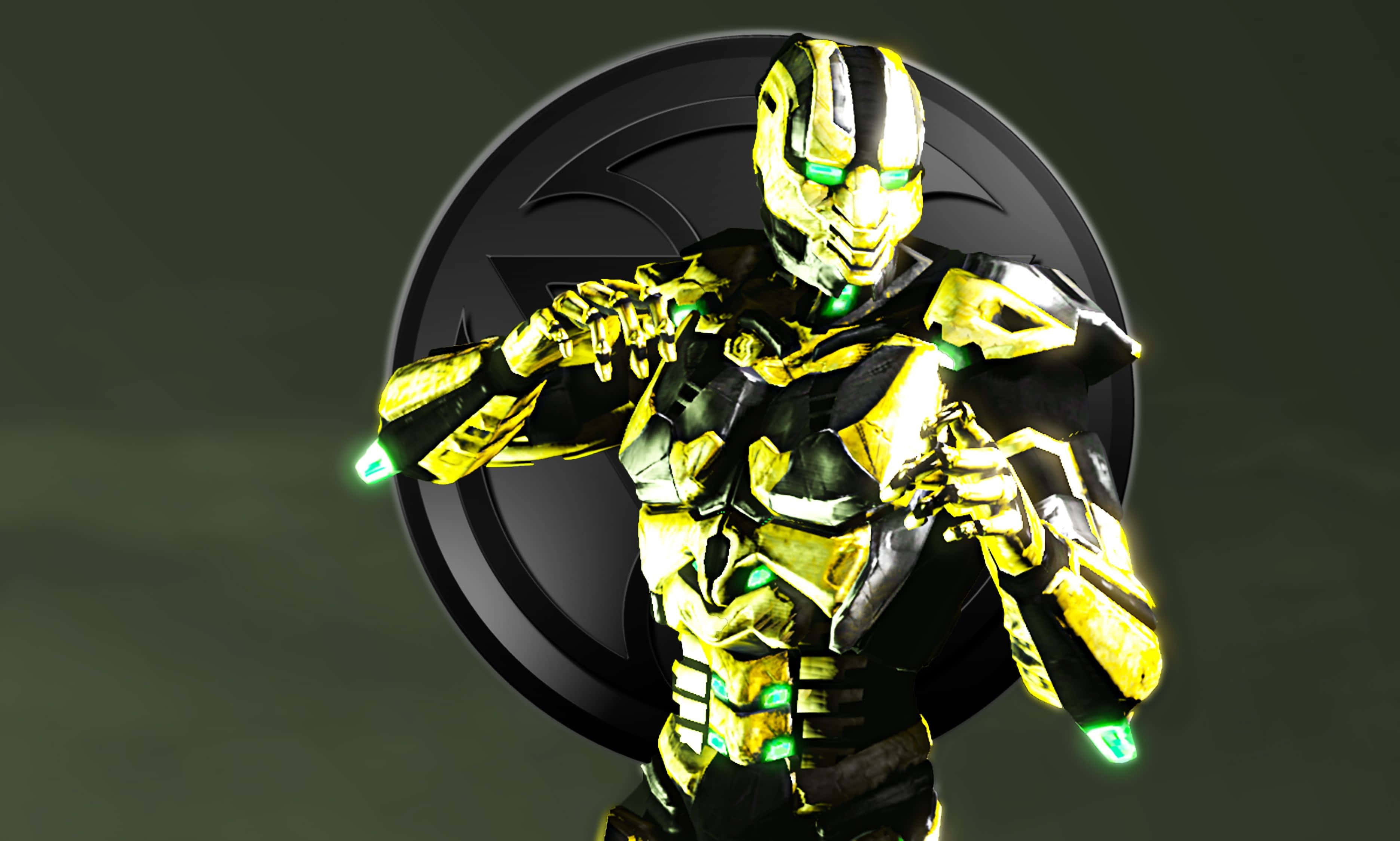 Mortal Kombat Cyrax 桌布 壁紙 — 一名金色裝甲戰士，擁有發光的綠色眼睛和護手，以動態姿勢站在一個深色圓形標誌前。