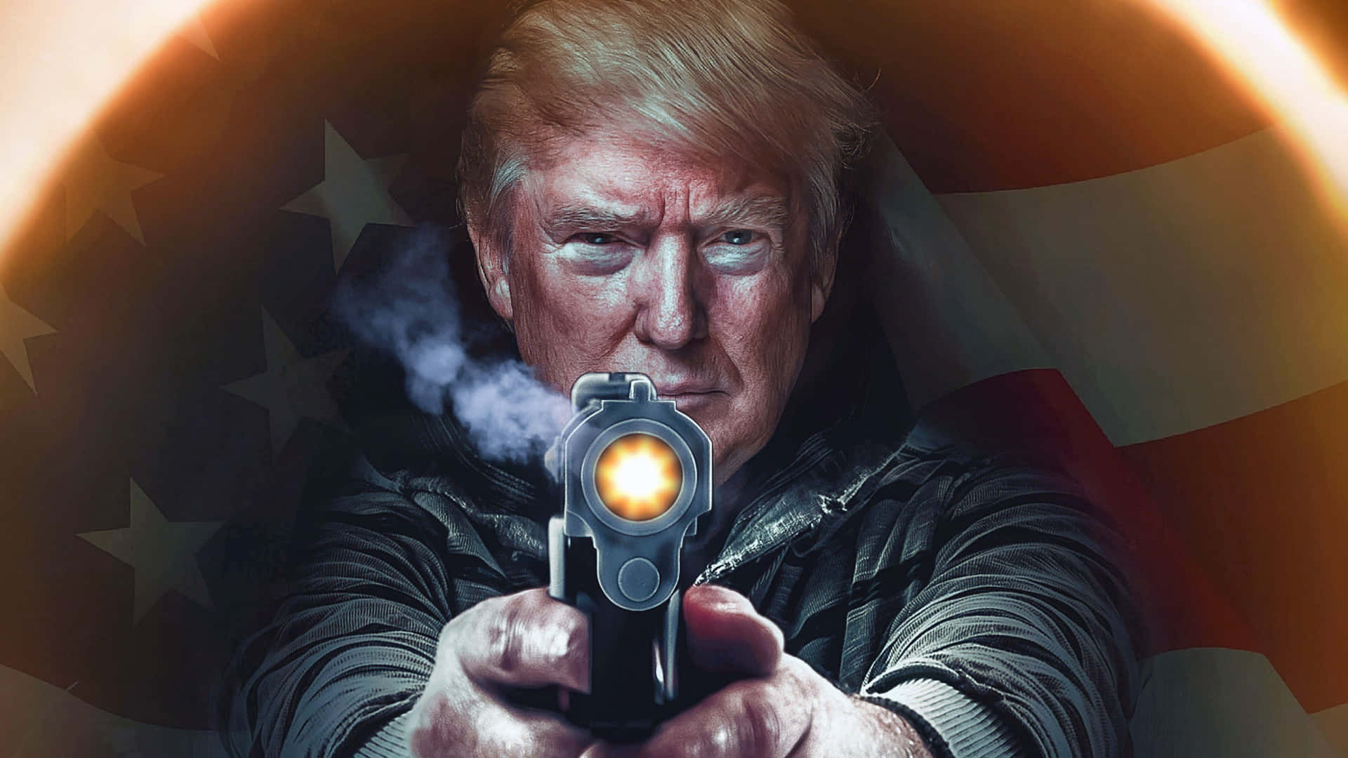 trump 桌布 壁紙 — 一名金髮男子在發光的美國國旗背景下，將冒煙的手槍瞄準觀眾。