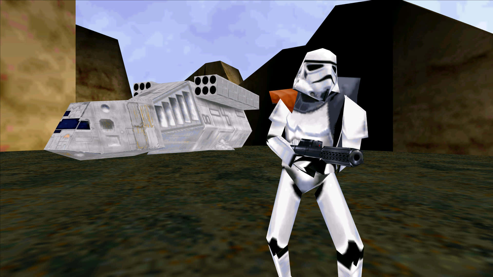 Dark Forces 桌布 壁紙 — 一名風暴兵在低多邊形3D圖形渲染的塊狀沙漠景觀中，警覺地站在星艦旁邊。