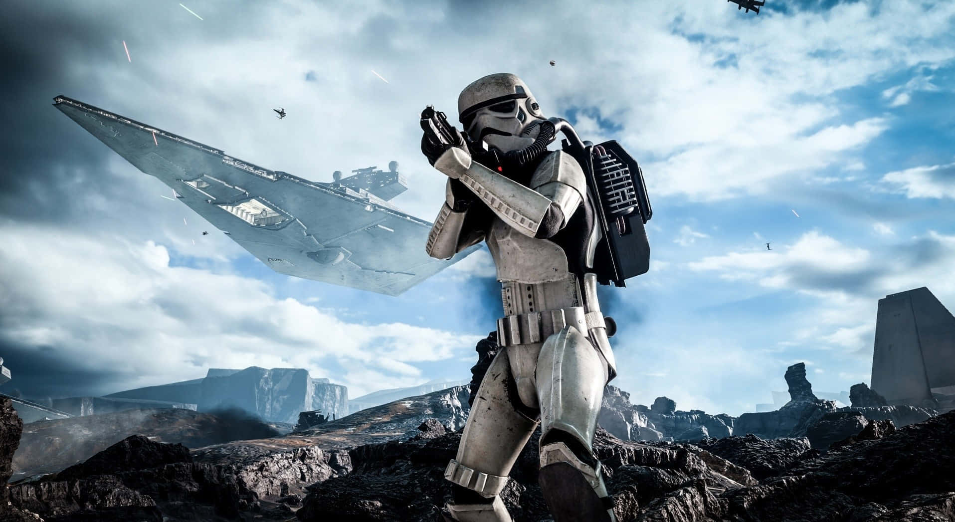 Imperial Army 桌布 壁紙 — 一名風暴兵在岩石星球上保持警覺，而一艘滅星者戰艦在陰雲密佈的天空中隱現。