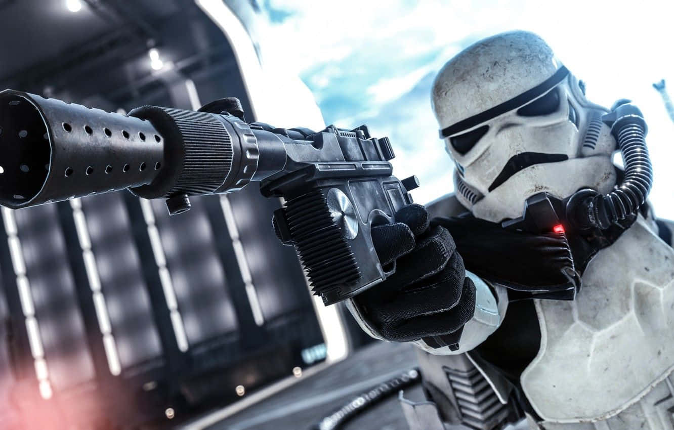 Blaster Rifles 桌布 壁紙 — 一名風暴兵在明亮的天空和未來主義建築背景下，專注地瞄準爆能步槍。