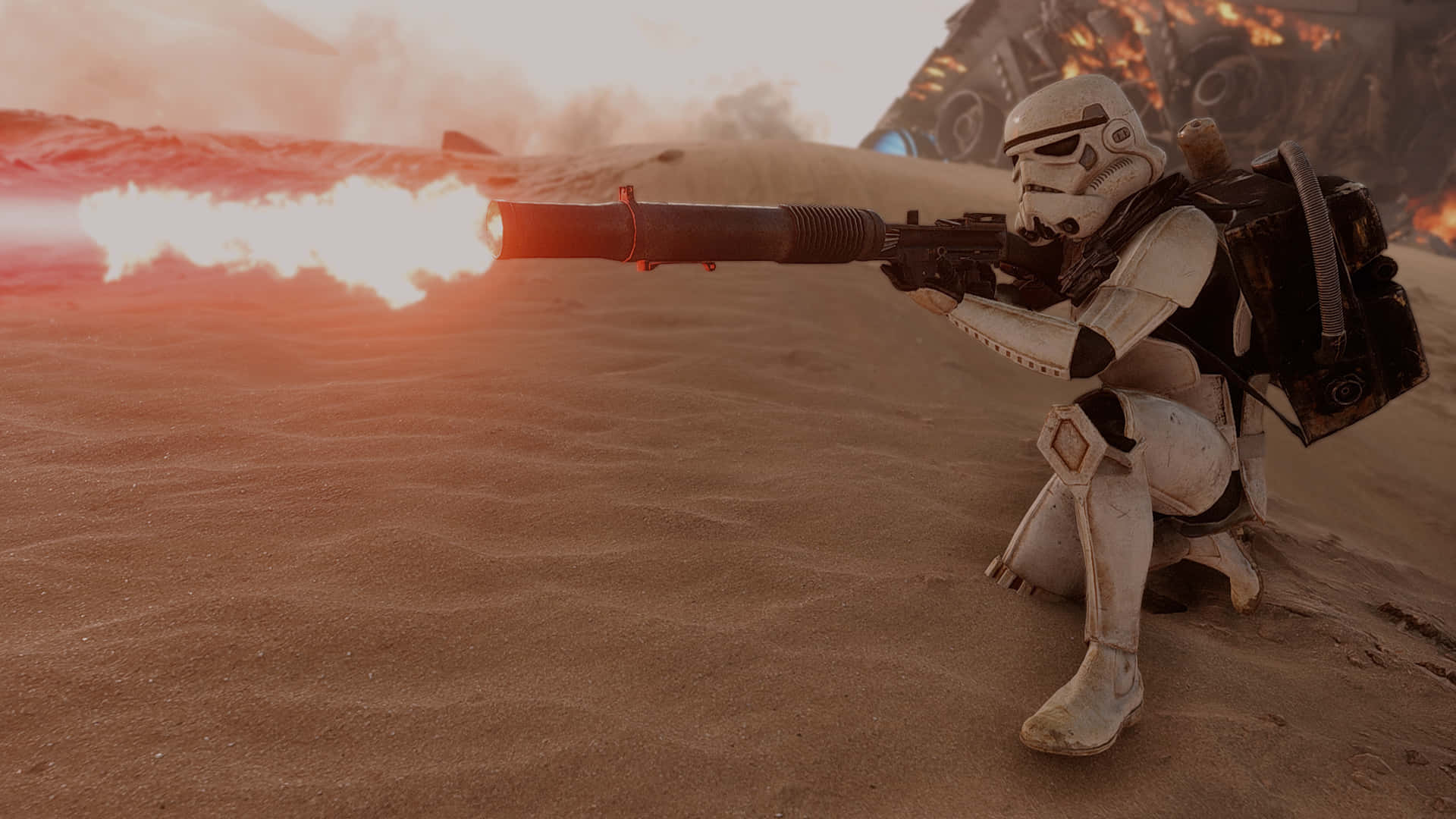 Jakku 桌布 壁紙 — 一名風暴兵在沙漠戰場上發射爆能槍，身後一輛被摧毀的車輛冒出火焰。