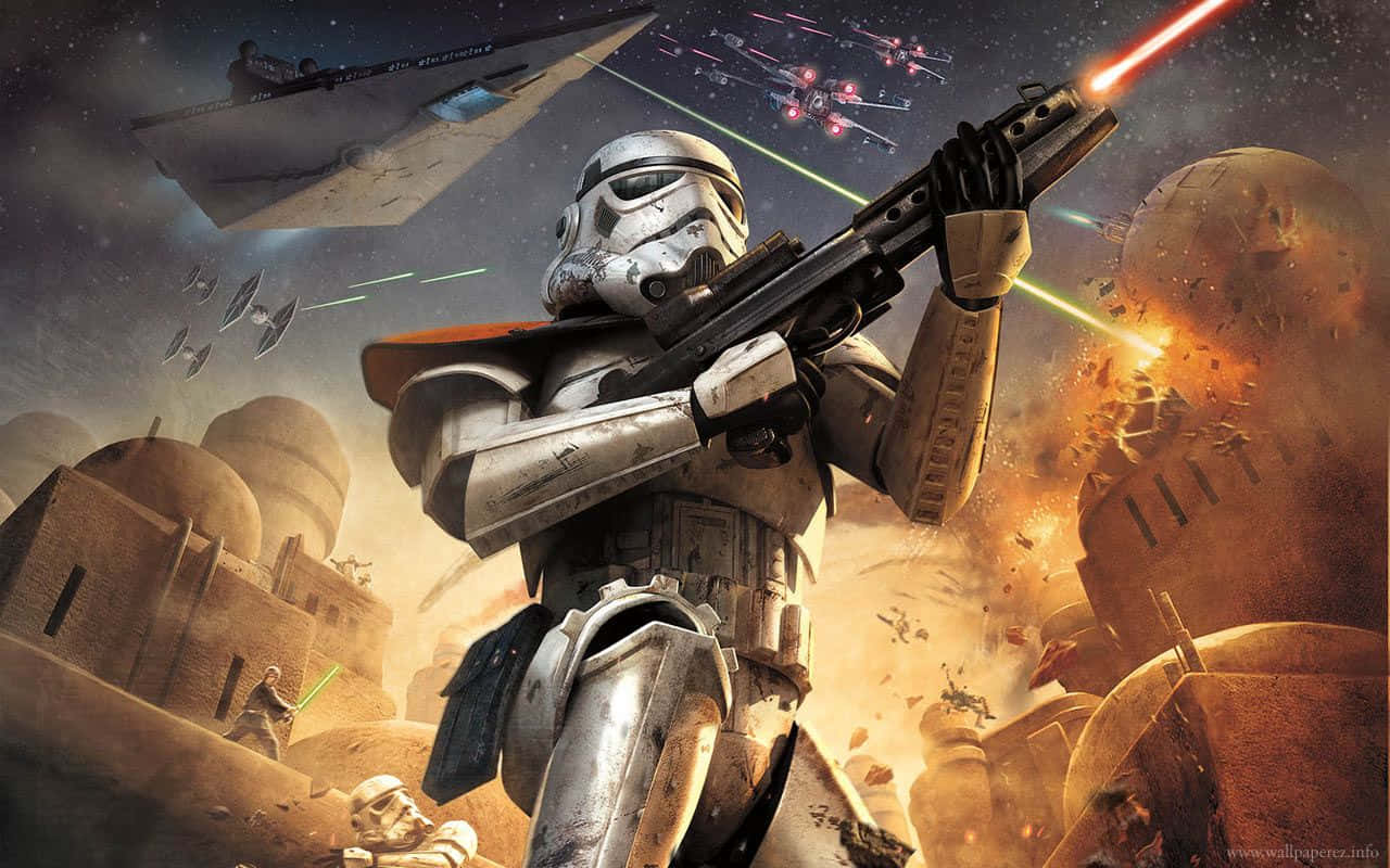 Cool Star Wars 桌布 壁紙 — 一名風暴兵在沙漠戰鬥中發射爆能槍，星際戰鬥機在上空爆炸，沙塵暴肆虐。
