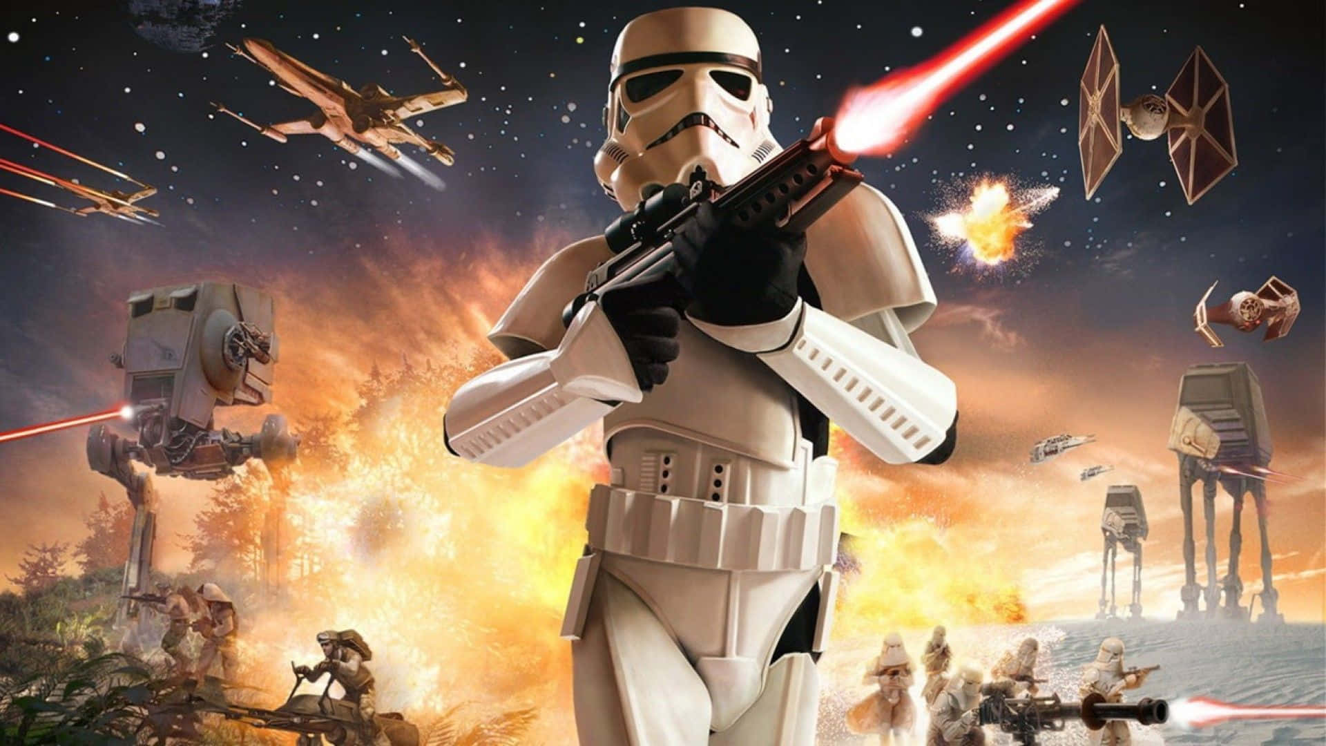 Imperial Army 桌布 壁紙 — 一名風暴兵在混亂的太空戰場中發射爆能槍，下方有星際戰鬥機、爆炸和AT-AT步行機。