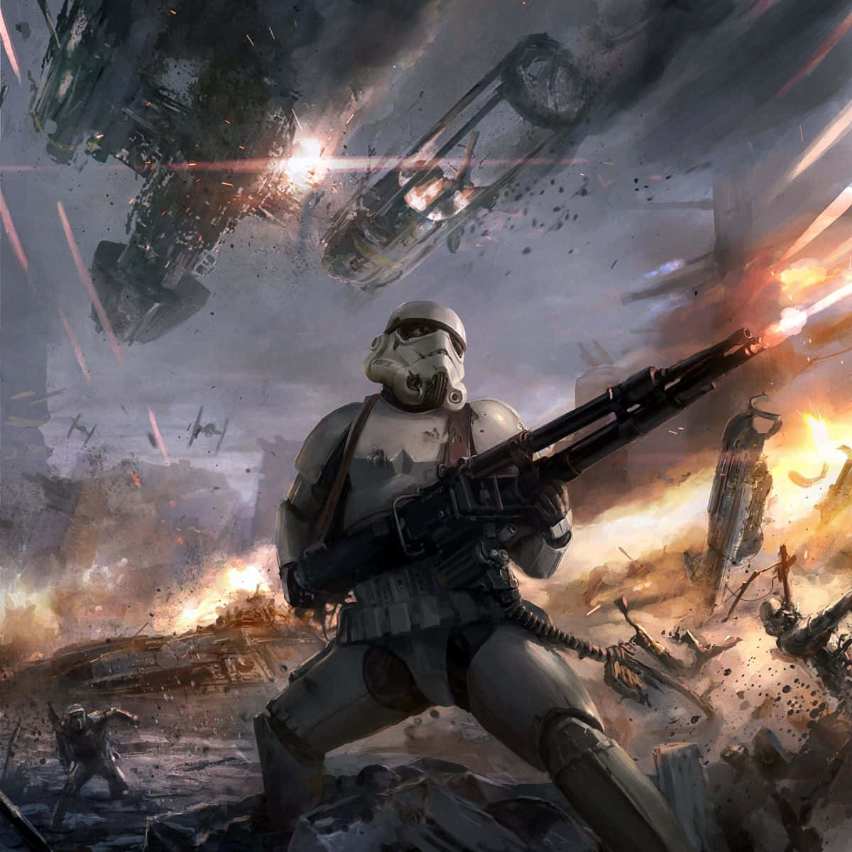Blaster Rifles 桌布 壁紙 — 一名風暴兵在混亂的戰場上發射爆能槍，周圍有爆炸的星際戰機和碎片。