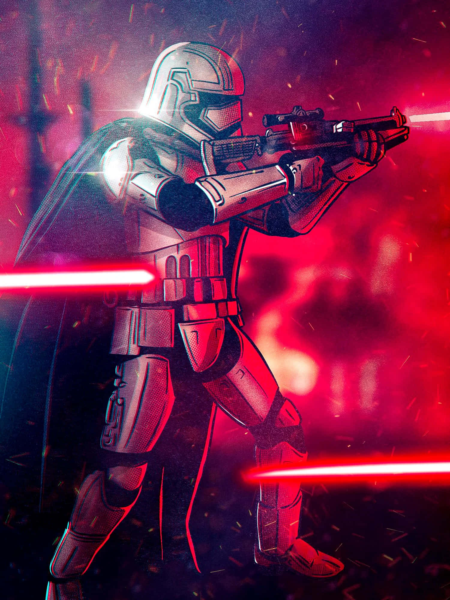 Captain Phasma 桌布 壁紙 — 一名風暴兵在熾熱的紅色戰場上開火，火花四濺。