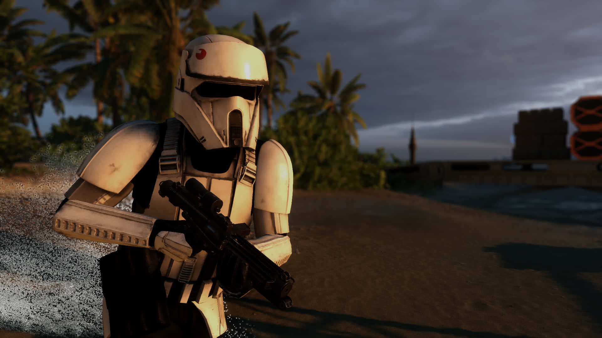 Blaster Rifles 桌布 壁紙 — 一名風暴兵在黃昏時份於熱帶海灘的淺水中涉水而行，背景有棕櫚樹和木箱。