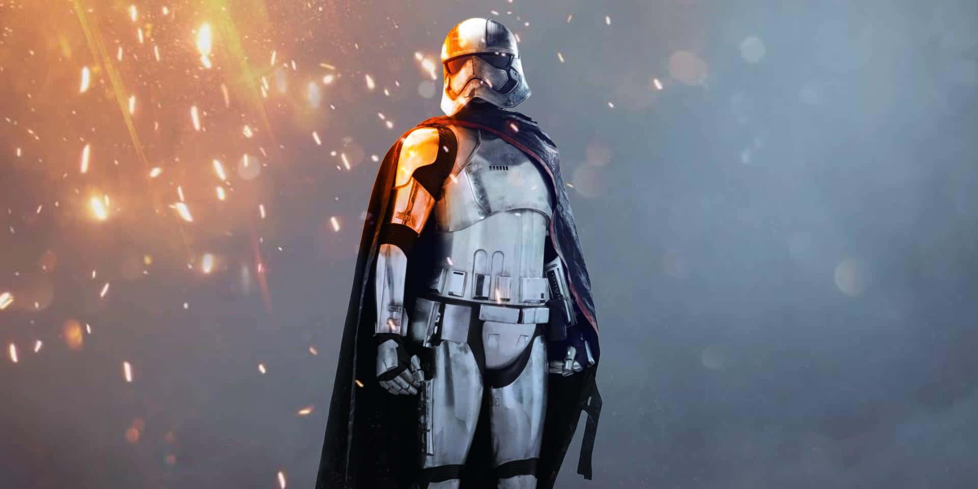 Captain Phasma 桌布 壁紙 — 一名風暴兵站在戲劇性的背光中，發光的火花在他周圍飛舞，背景是朦朧的天空。