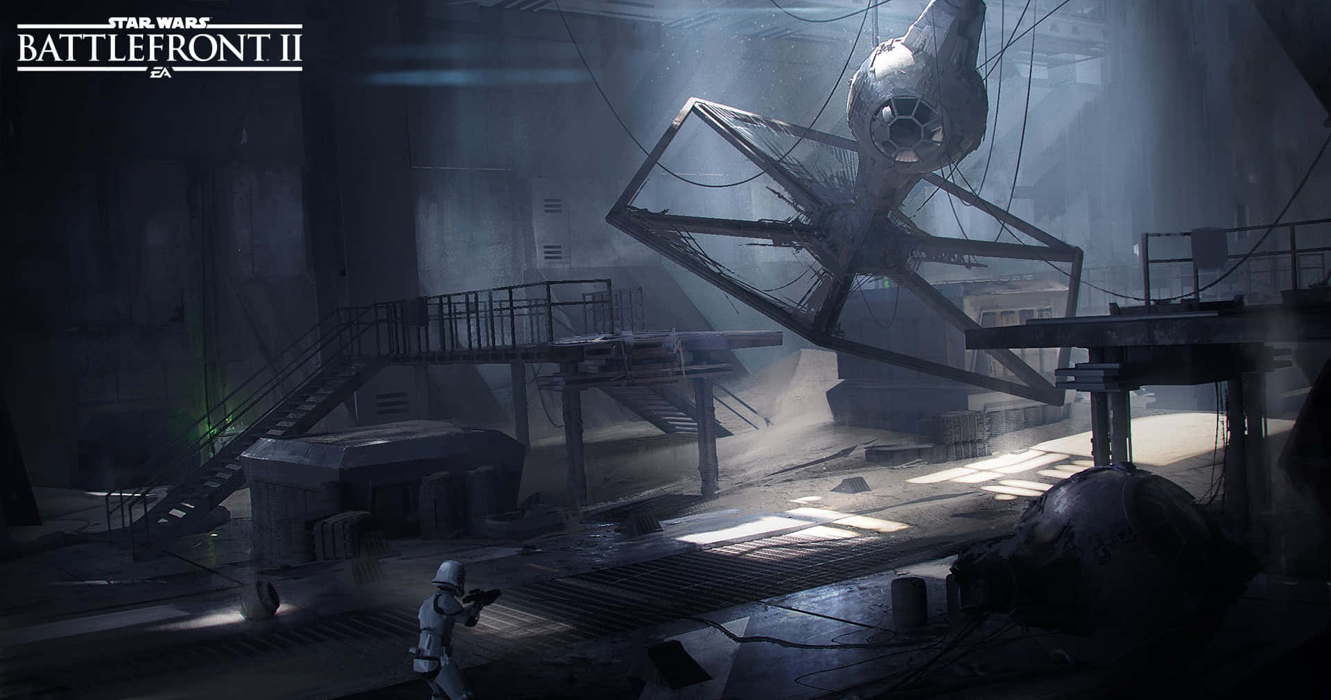 Kamino 桌布 壁紙 — 一名風暴兵站在昏暗的工業機庫中，一架TIE戰機懸掛在光線中。