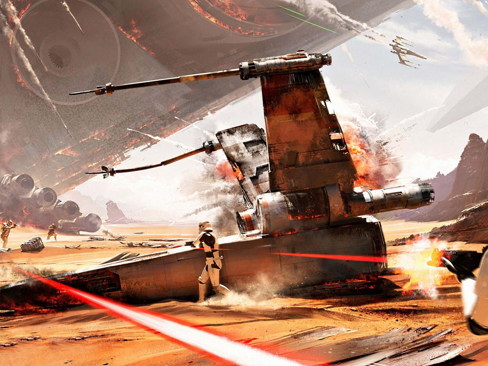 Jakku 桌布 壁紙 — 一名風暴兵站在沙漠戰場上一架墜毀的星際戰機殘骸中，激光束劃破空氣。