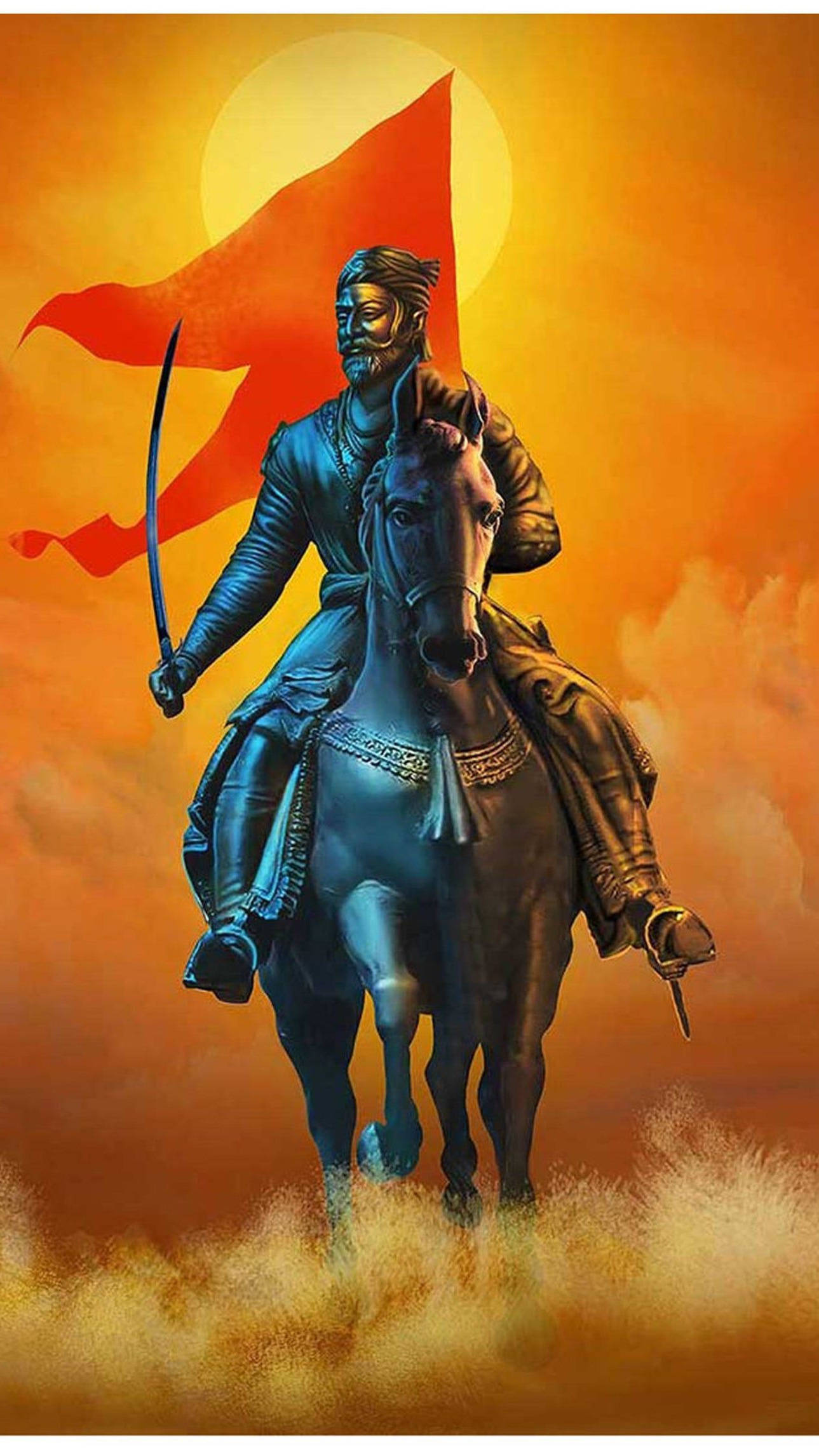 Indian 桌布 壁紙 — 一名騎在馬上的戰士，在火紅橙色的夕陽天空下揮舞著劍和紅旗。