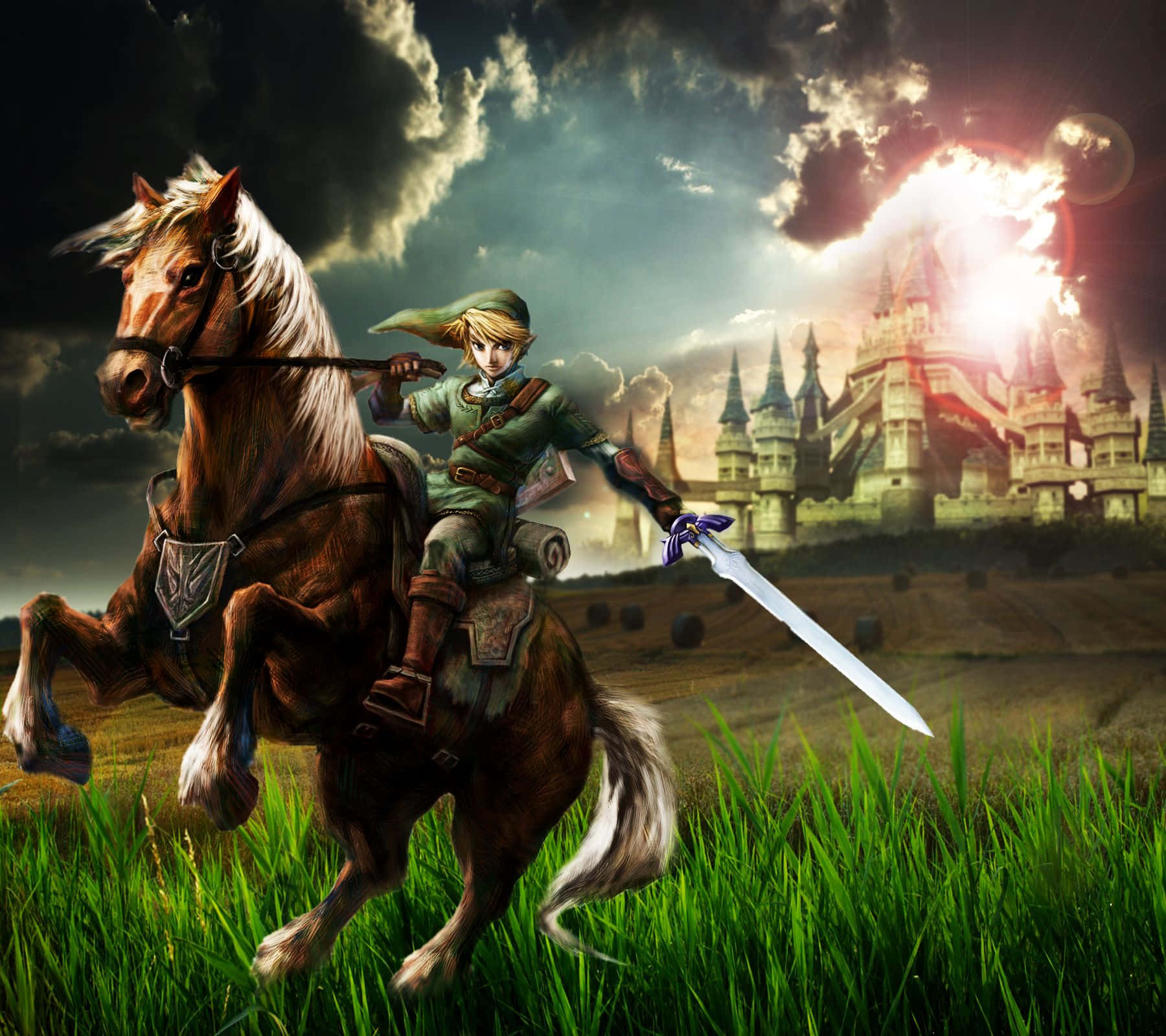 The Legend Of Zelda Epona 桌布 壁紙 — 一名騎士騎著一匹騰躍的馬，穿過充滿活力的綠草，朝向遠處的城堡，背景是暴風雨的天空和發光的太陽。