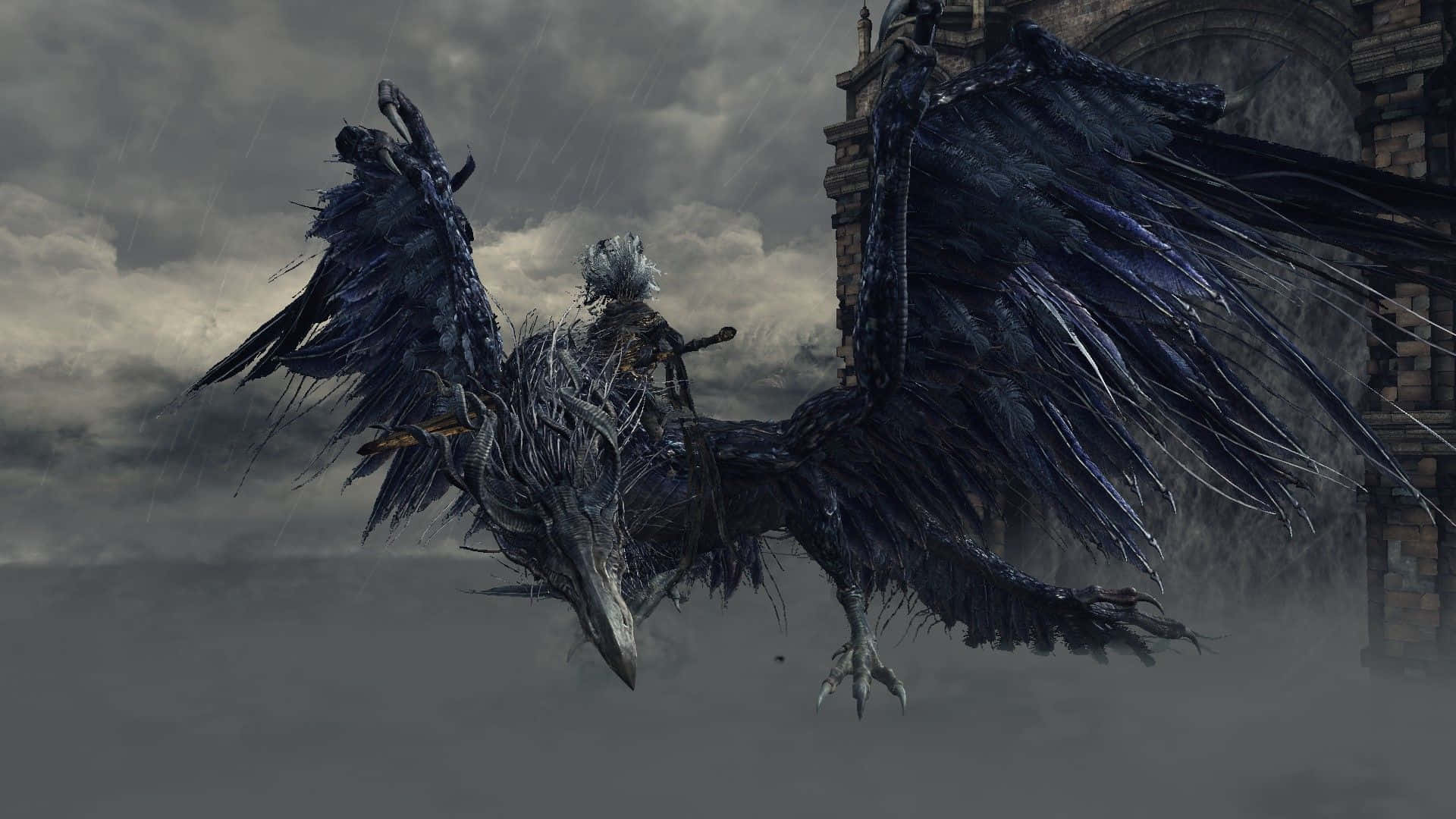 Nameless King 桌布 壁紙 — 一名騎士騎著一隻巨大的黑色烏鴉，穿過風暴天空，靠近 crumbling 石頭廢墟。