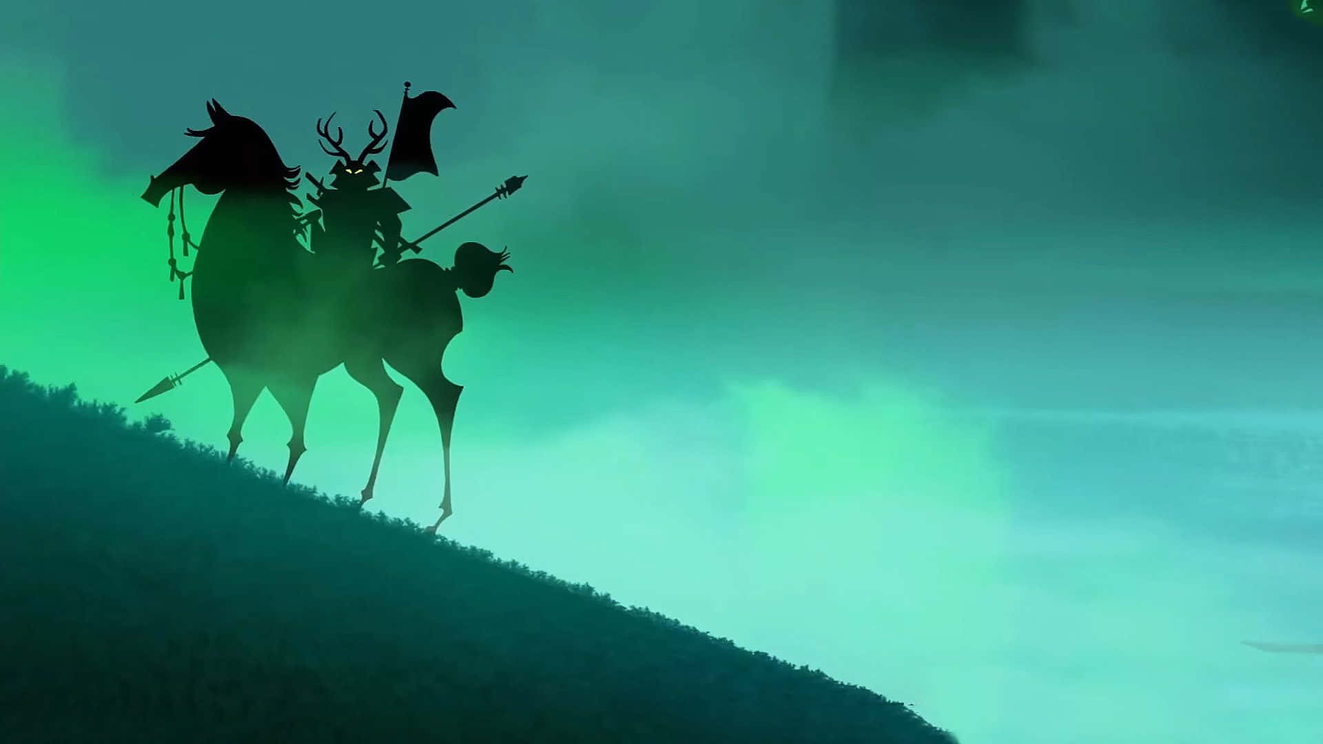 samurai jack 桌布 壁紙 — 一名騎士騎著馬，手持鹿角和旗幟，在山丘上奔馳，背景是發光的綠色極光天空的剪影。