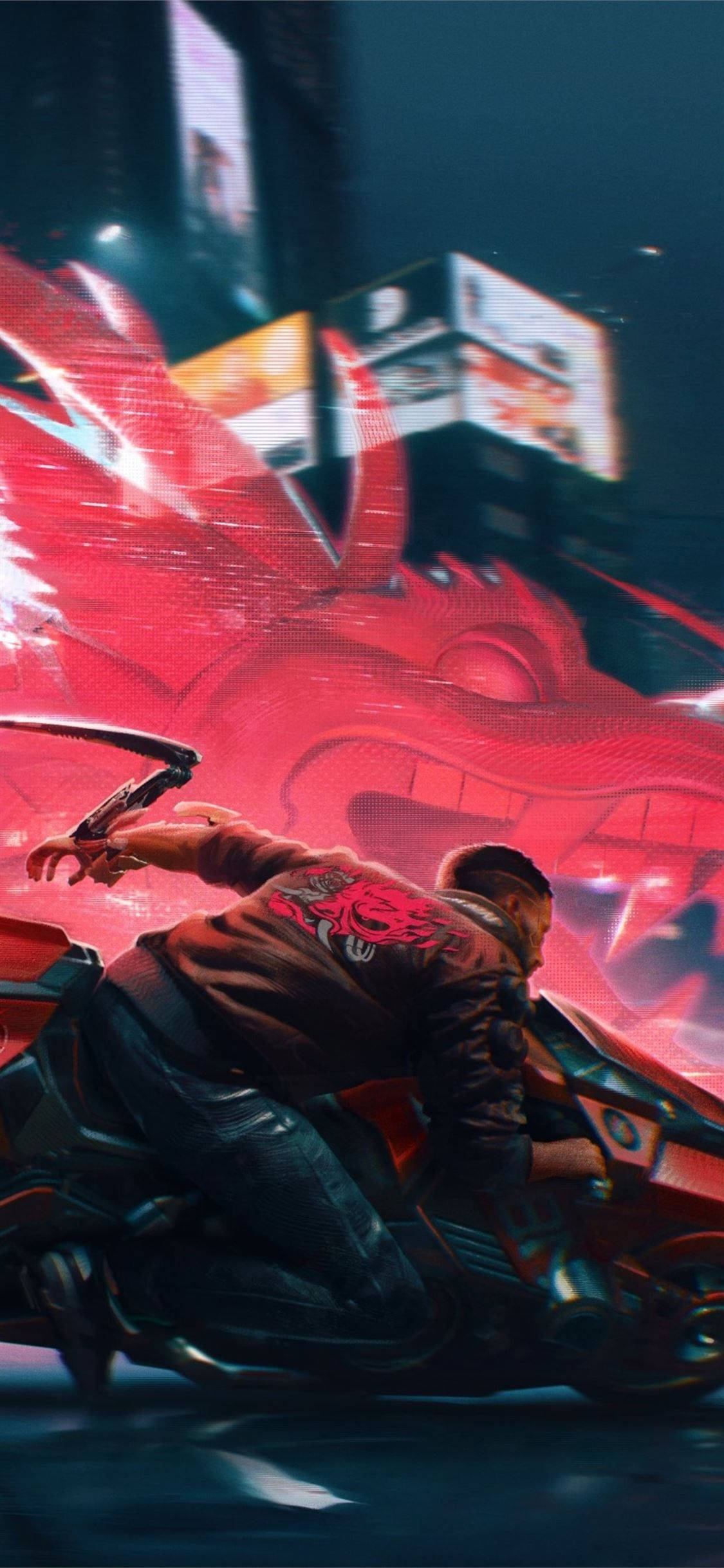 cyberpunk 2077 iPhone 桌布 壁紙 — 一名騎手駕駛未來風格的電單車，在霓虹燈閃爍的城市中疾馳，身後有一條巨大的紅色巨龍若隱若現。