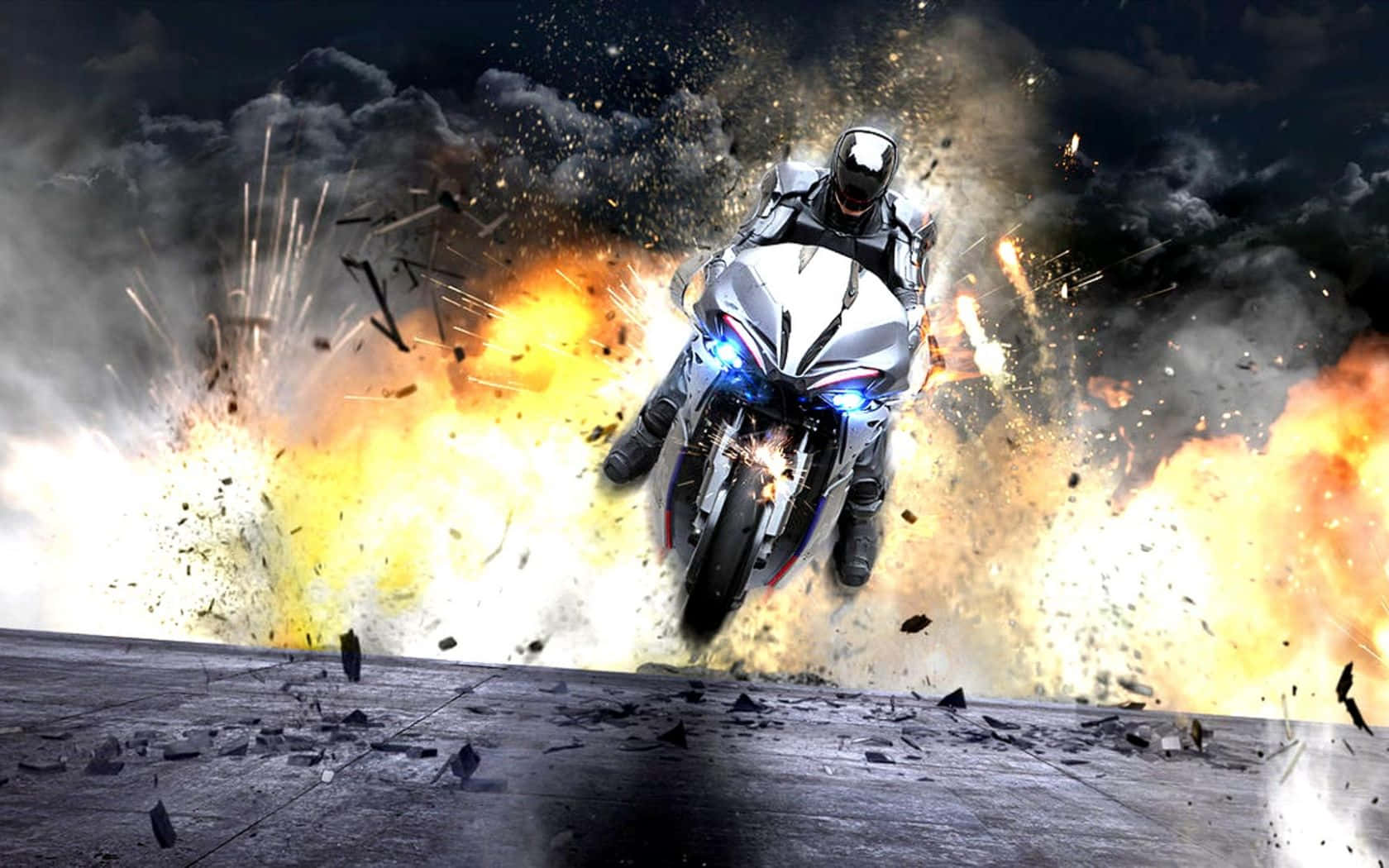 Action Movie 桌布 壁紙 — 一名騎手騎著白色電單車，在火花四濺、碎片飛散的爆炸中疾馳而過。