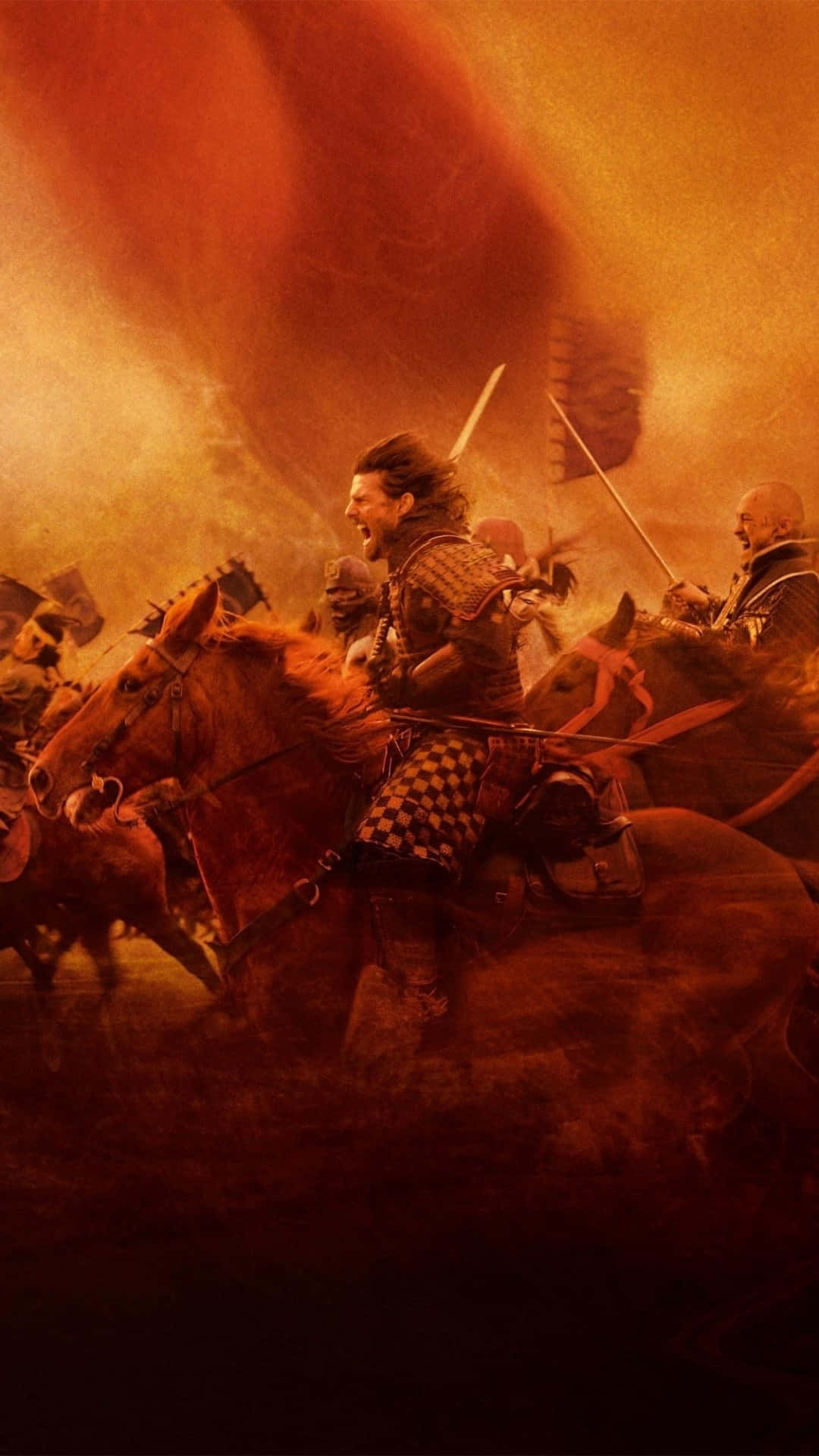 Samurai Movies 桌布 壁紙 — 一名騎馬戰士衝過煙霧與混亂翻騰的烈火戰場。