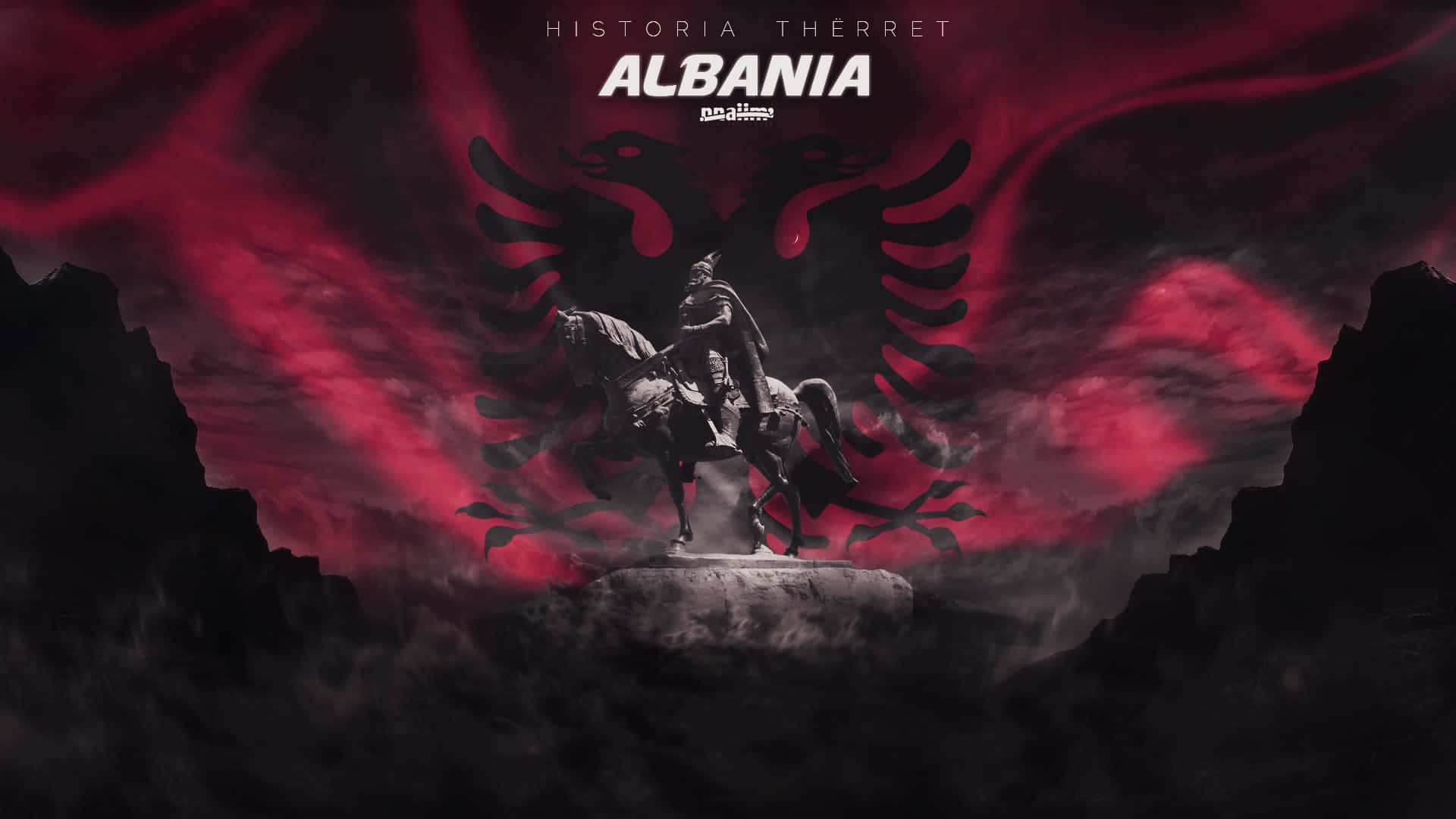 Albania 桌布 壁紙 — 一名騎馬的騎士站在岩石露頭上，背景是戲劇性的紅黑天空，帶有雙頭鷹剪影。