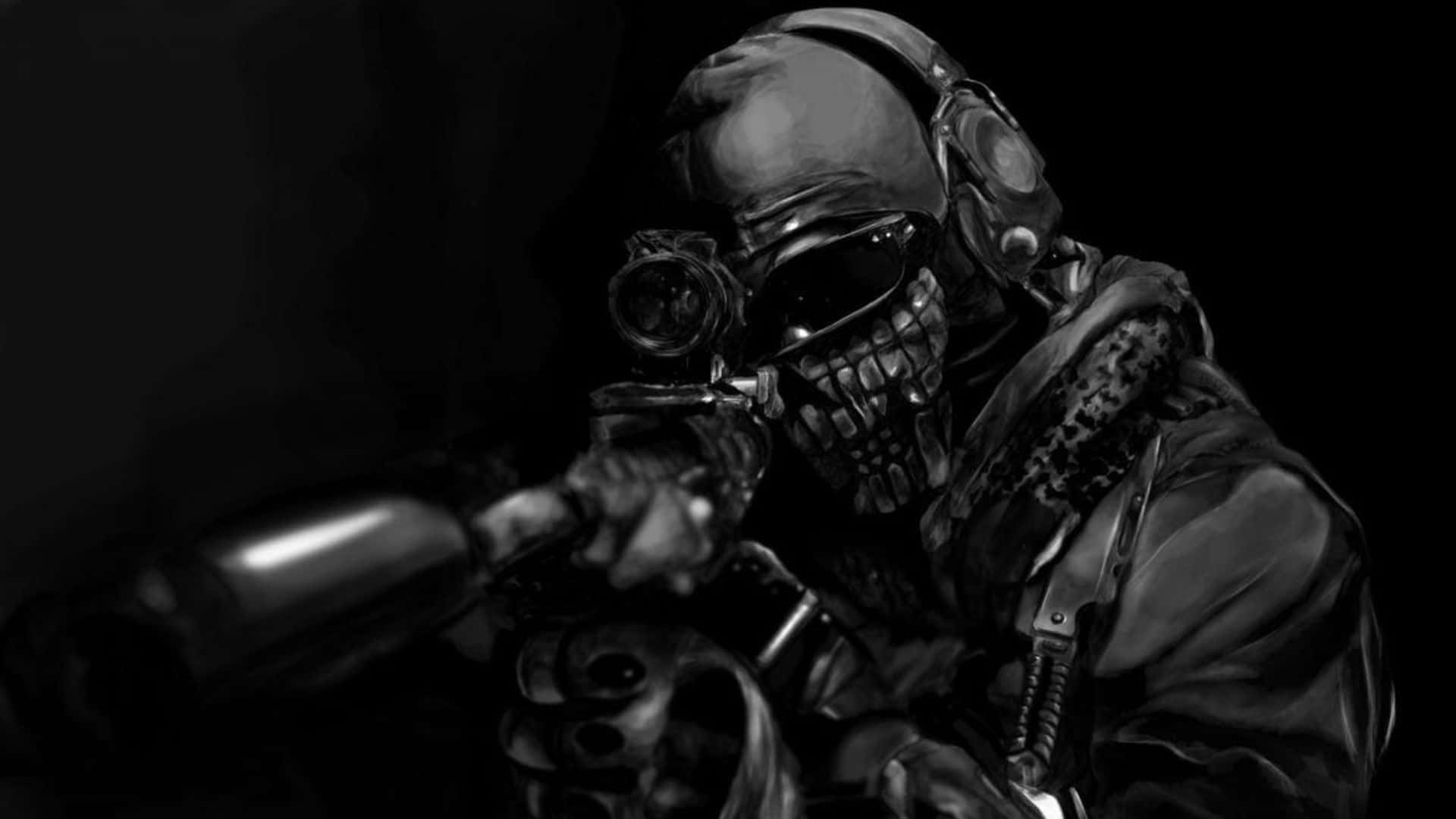 Call Of Duty Weapons 桌布 壁紙 — 一名骷髏臉士兵身穿戰術裝備，在黑暗背景下專注地瞄準步槍。