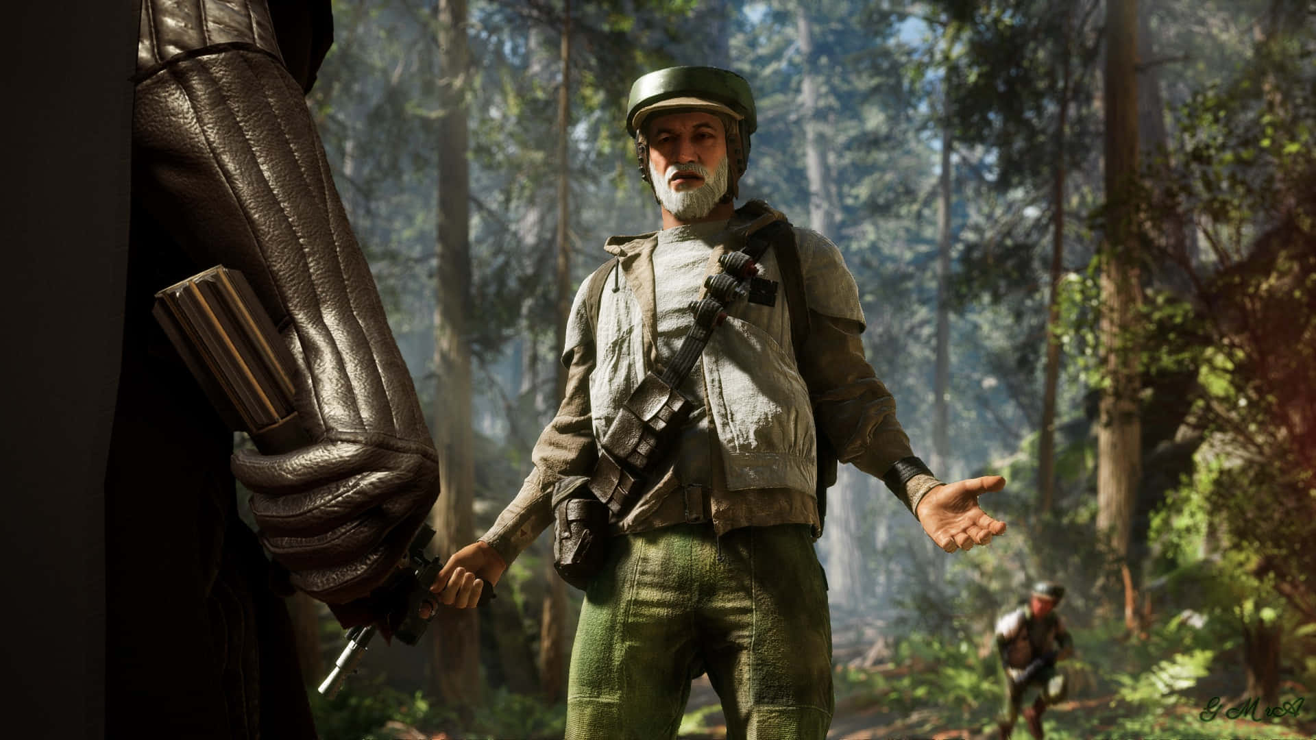 Endor 桌布 壁紙 — 一名鬍鬚士兵在森林中和平地做手勢，而另一名武裝人物在陰影中若隱若現。