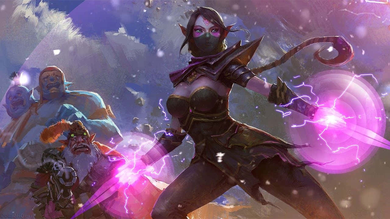 Templar Assassin 桌布 壁紙 — 一名黑暗精靈戰士在奇幻戰鬥場景中引導紫色閃電，身後有兩個怪物般的盟友。