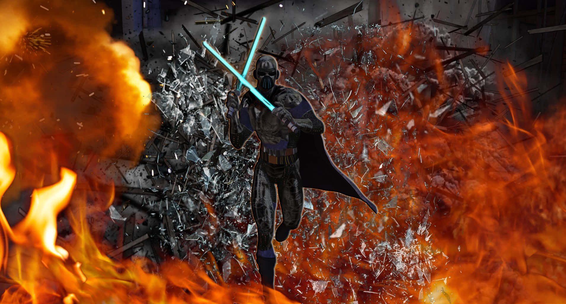 Jedi Knight 桌布 壁紙 — 一名黑暗裝甲戰士在火焰爆炸和破碎玻璃的混亂戰鬥場景中揮舞著兩把發光的藍色光劍。
