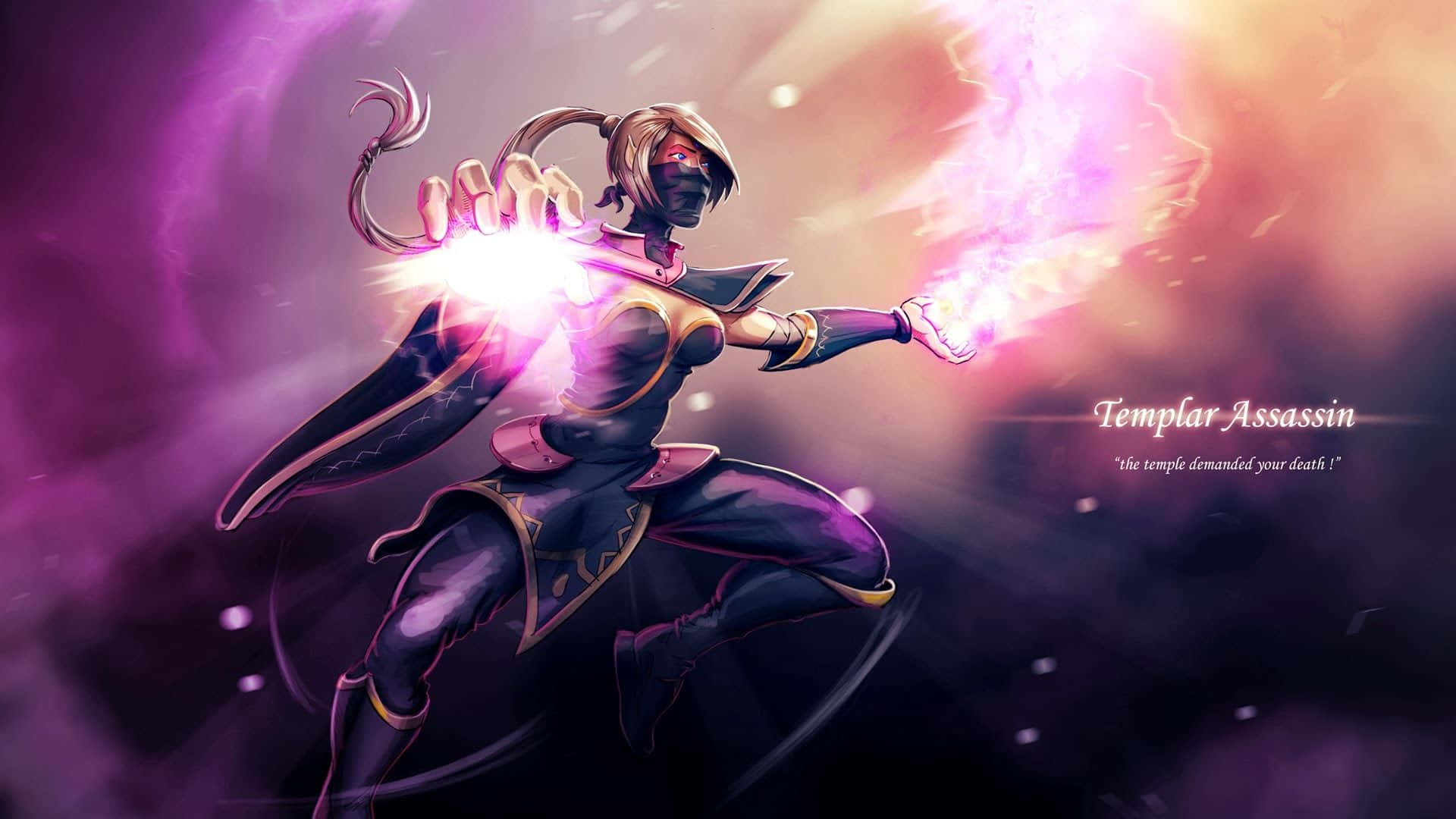 Templar Assassin 桌布 壁紙 — 一名黑髮刺客身穿黑色盔甲，雙手釋放出發光的紫色能量，背景是旋轉的宇宙。