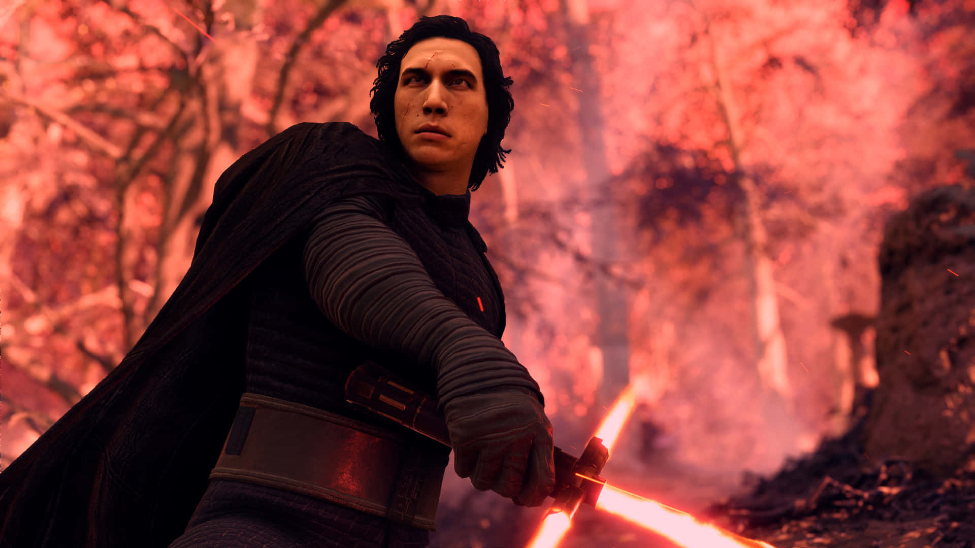 Mustafar 桌布 壁紙 — 一名黑髮戰士身穿黑色長袍，在火焰森林背景下揮舞著發光的紅色光劍。