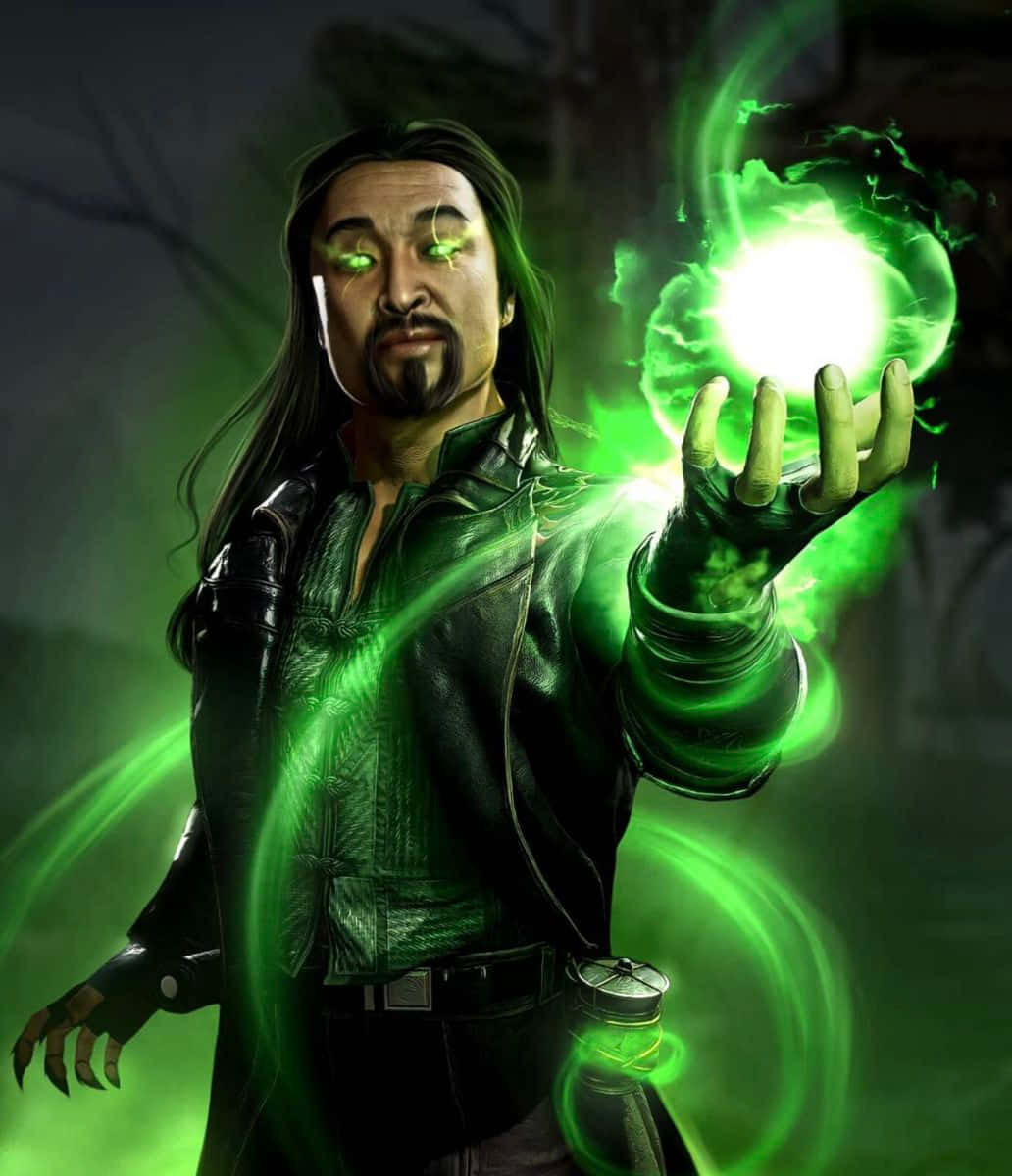 Mortal Kombat Shang Tsung 桌布 壁紙 — 一名黑髮男子身穿皮褸，在陰暗背景下將發光的綠色能量引導至手掌上方的球體中。