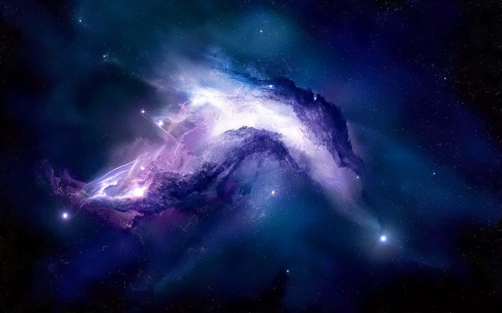 Beautiful Space 桌布 壁紙 — 一團明亮的紫色和藍色星雲在點綴著閃爍星星的深空中旋轉。