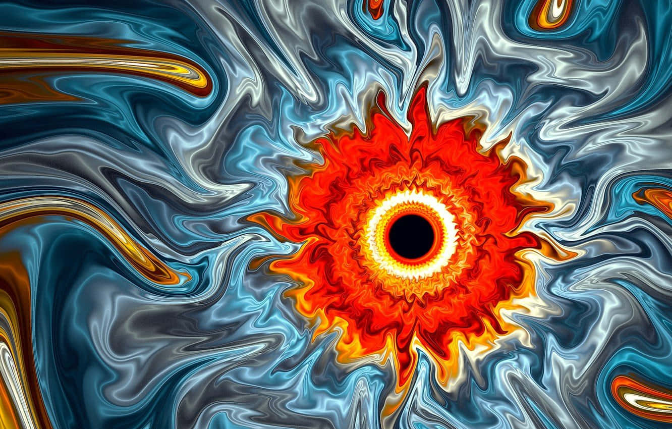 Black Hole Sun 桌布 壁紙 — 一團火紅和橙色的太陽光芒從黑色中心輻射出來，周圍環繞著旋轉的藍色、銀色和金色液體圖案。
