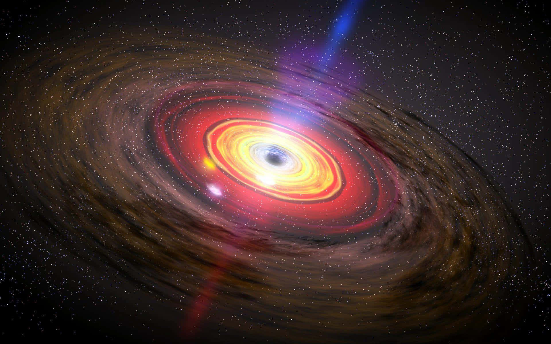 Quasar 桌布 壁紙 — 一團火紅和金色的氣體形成旋轉的吸積盤，在星光點點的宇宙背景下圍繞著一個黑洞螺旋運動。
