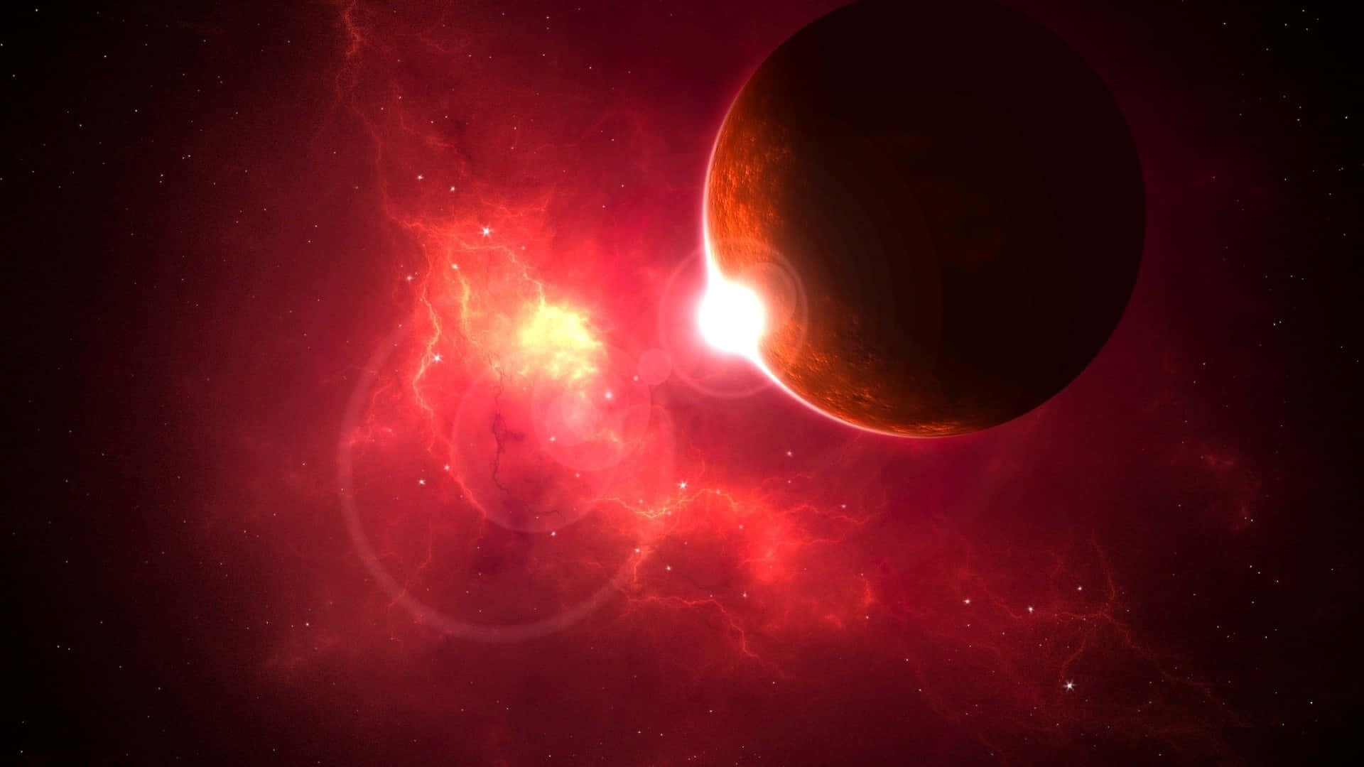 Red Space 桌布 壁紙 — 一團火紅色的星雲圍繞著一顆黑暗行星旋轉，一顆明亮的恆星照亮了宇宙場景。