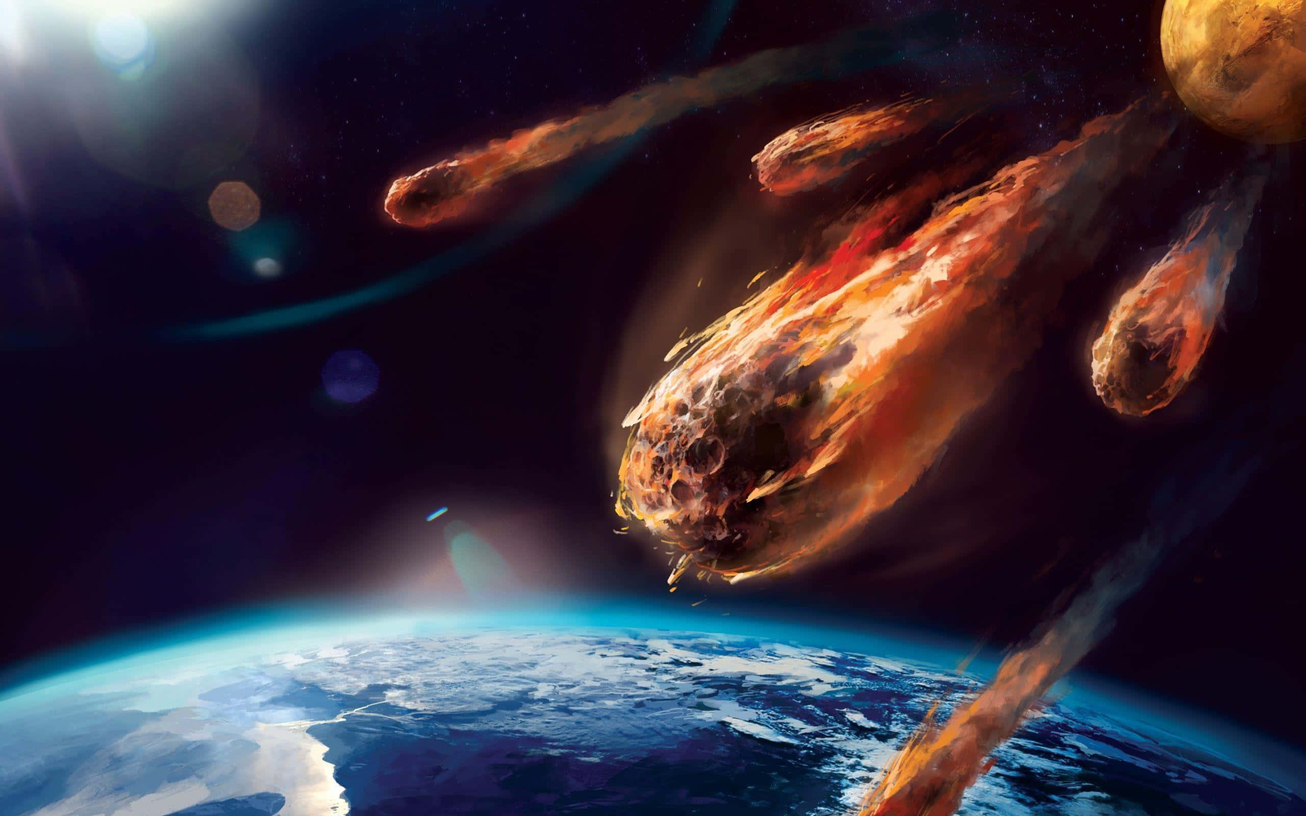 Asteroid 桌布 壁紙 — 一團熾熱的小行星群在閃爍的星星和下方藍色星球的背景下衝向地球。