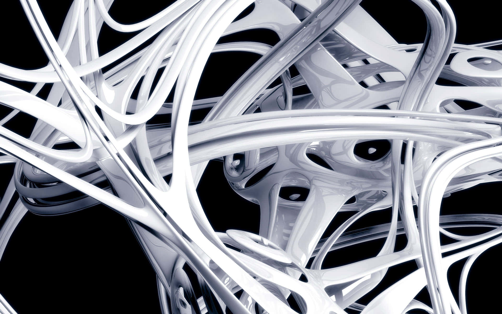 3d Abstract 桌布 壁紙 — 一團複雜的光澤白色有機管在純黑色背景上扭曲彎曲。