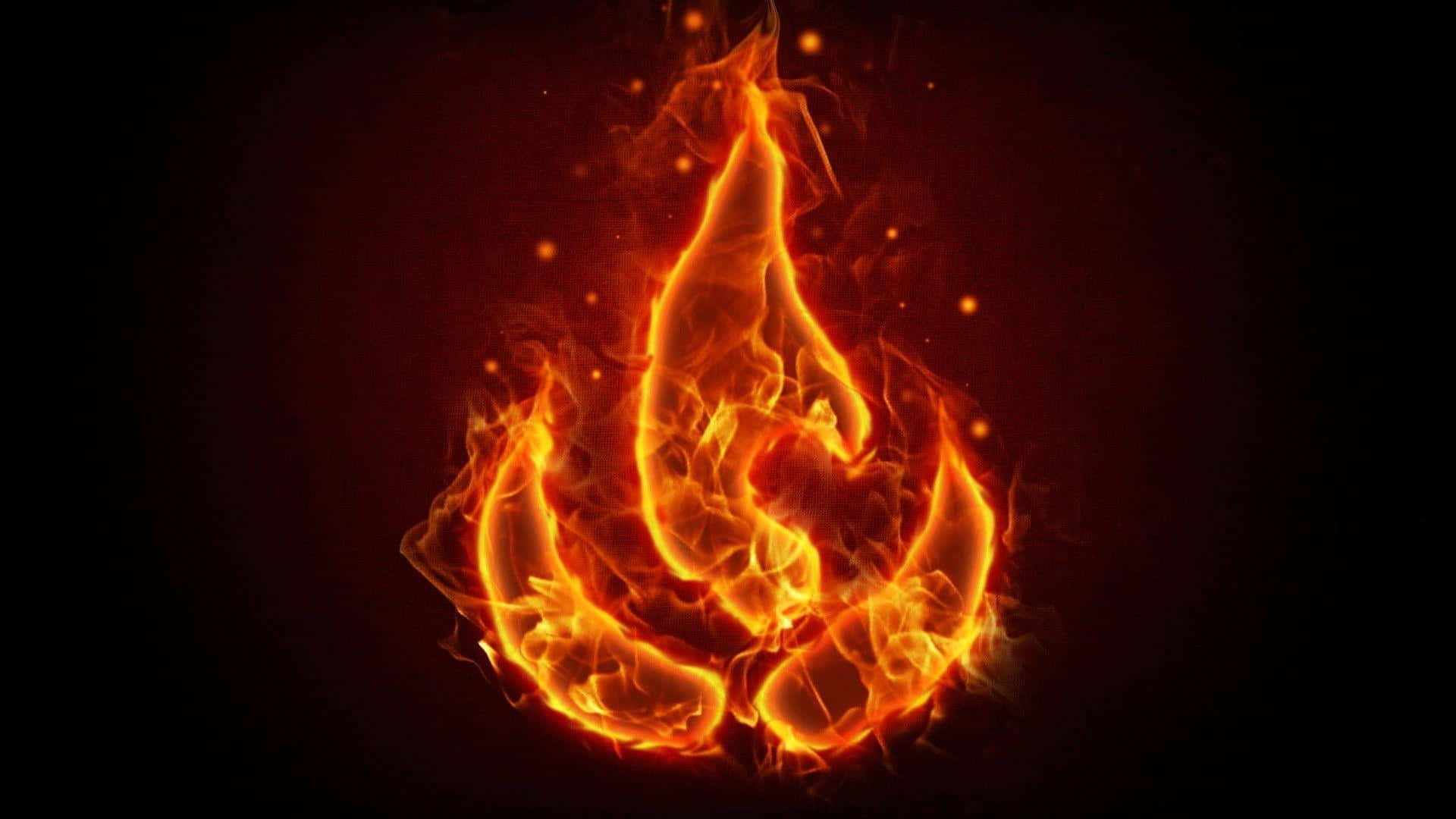 Flame 桌布 壁紙 — 一團鮮豔的橙色和黃色火焰在深黑色背景上舞動，周圍漂浮著發光的火星。